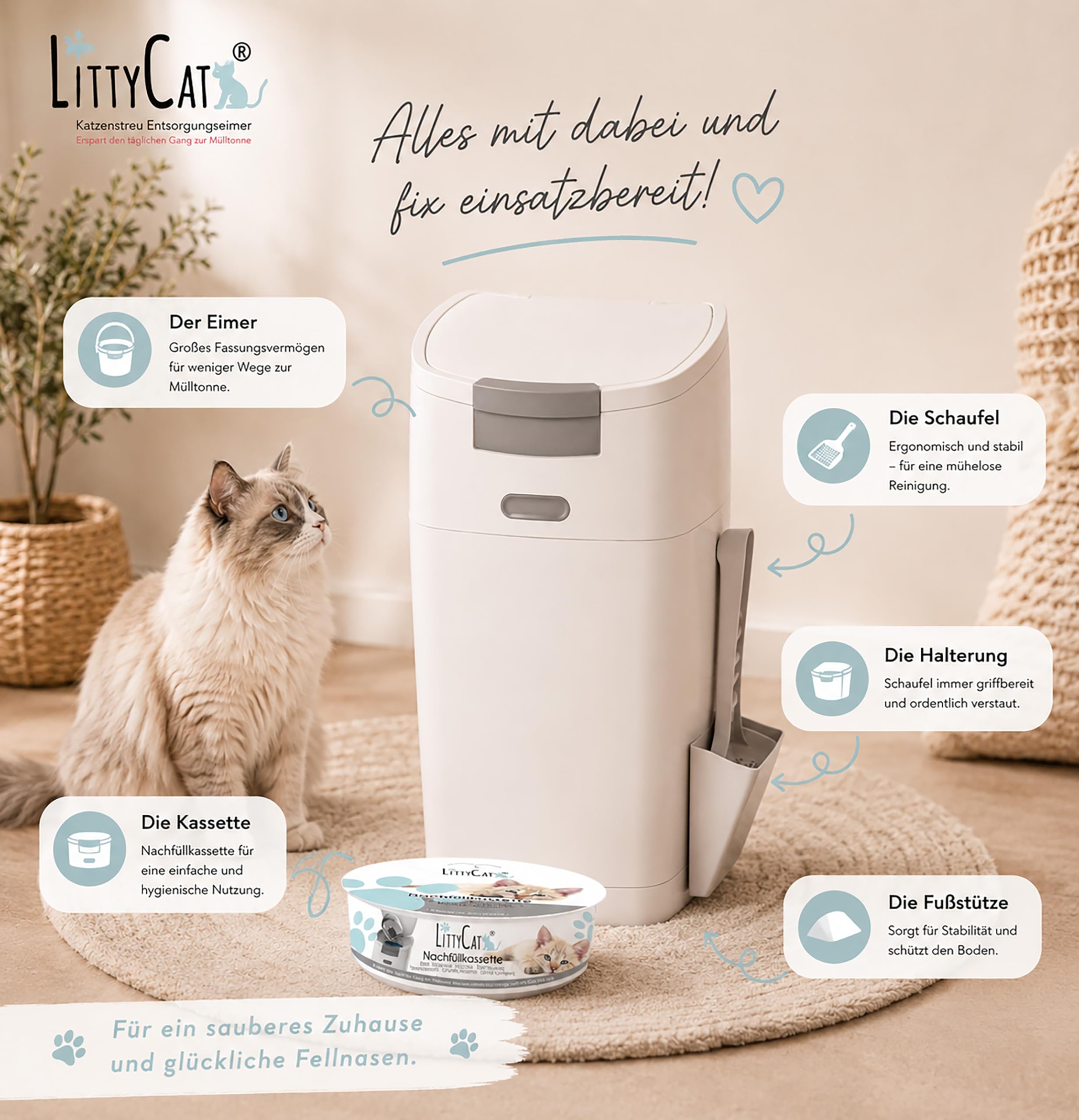 Littycat® Katzenstreu Eimer inkl. Schaufel & 1 Nachfüllkassetten • Geruchsdichter Entsorgungseimer für Katzenstreu • klick System mit Einhandbedienung • Katzenklo Mülleimer