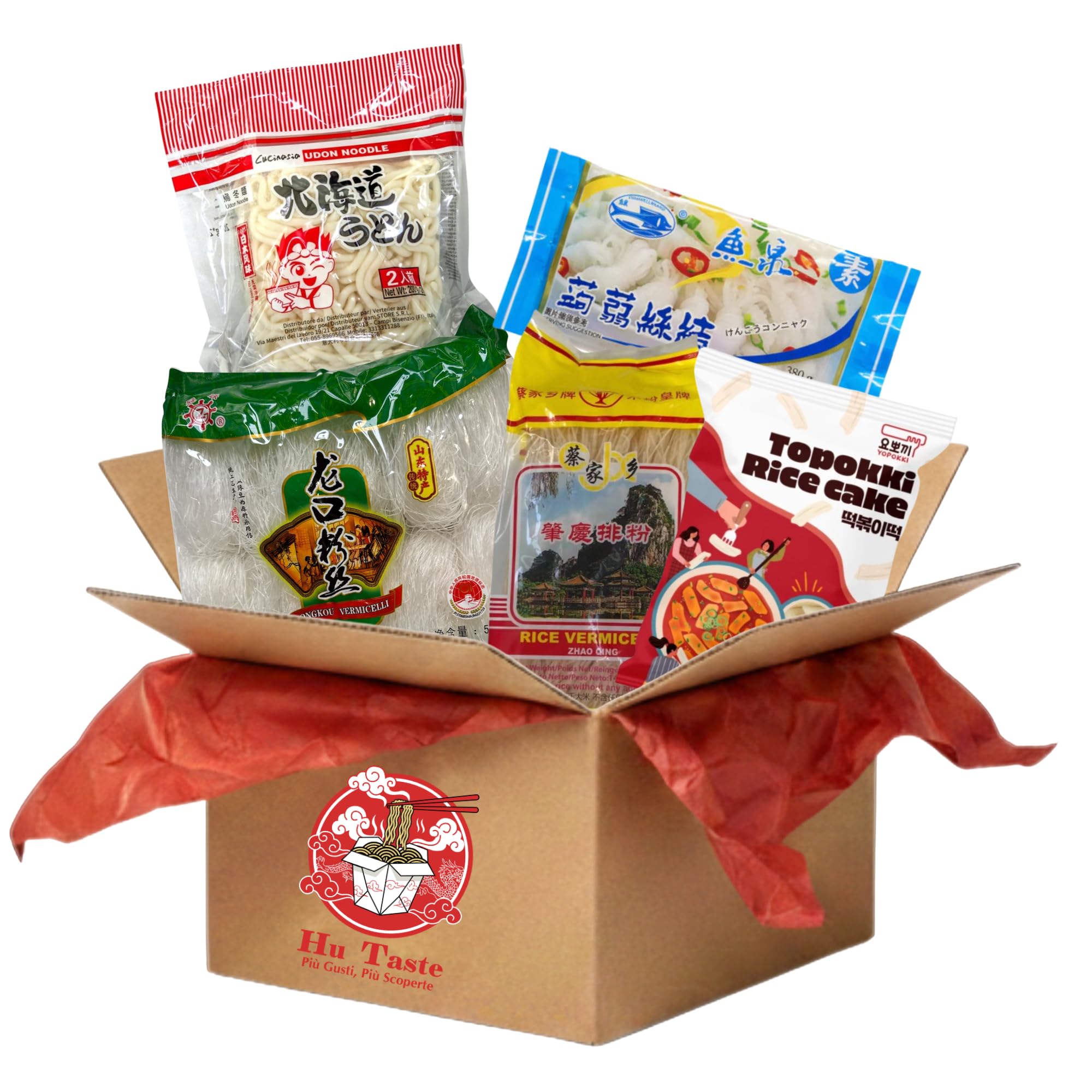 Hu Taste Kit Cibo Asiatico Box Degustazione con Noodles, Spaghetti di Soia, Spaghetti di Riso, Spaghetti Konjac Shirasaki, Udon Giapponese Precotti e Gnocchi di Riso Coreani Tteokbokki
