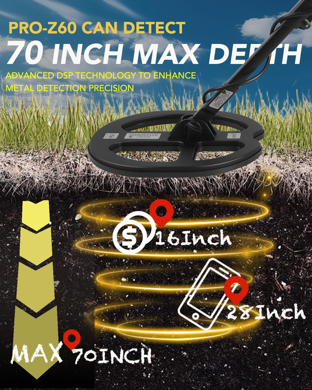 PRO-Z60 - Detector de metales para adultos con puntero de pin, profundidad de detección de 16 pulgadas, kit de detector de metales profesional de alta frecuencia de 19,23 kHz con equilibrio de tierra