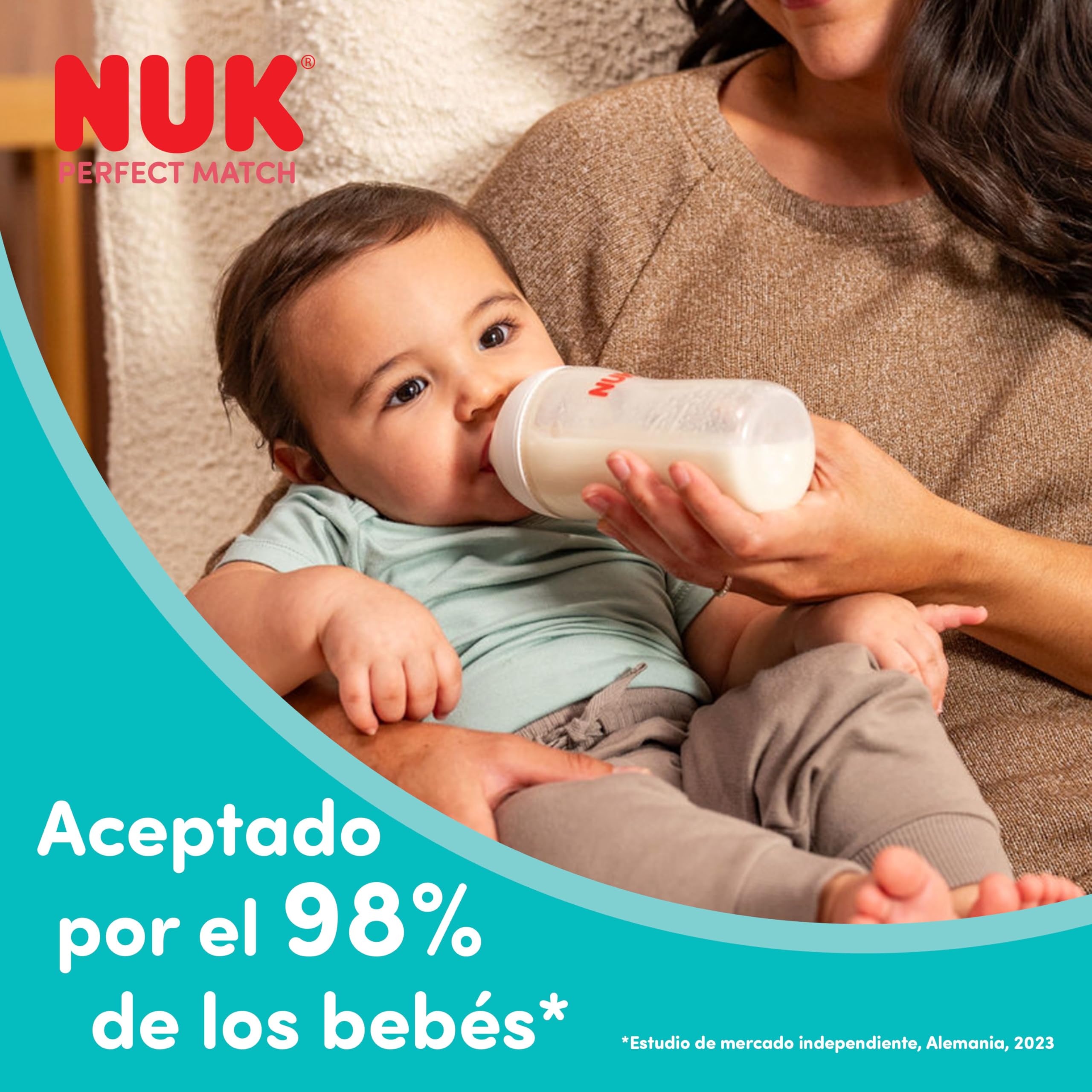 Set de 3 biberones Perfect Match de NUK | +3 meses | Se adapta al bebé como el pecho de mama | Control de temperatura | Ventilación anticólico | 260 ml | Tetina mediana (silicona) | Arcoíris