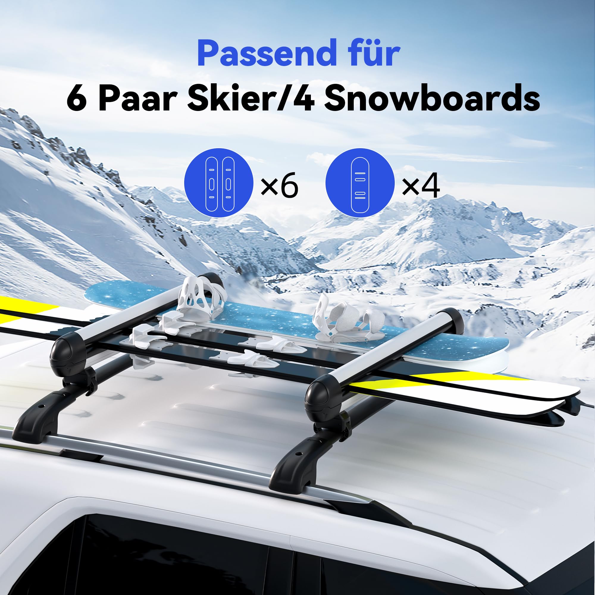 Richeer Ski- und Snowboard-Dachträger, Universal-Skiträger, 28'' Passend für 6 Paar Skier/4 Snowboards, mit Anti-Diebstahl-Schloss, Passend für Square/Round/Aero/Oval Cross Bars, Silber