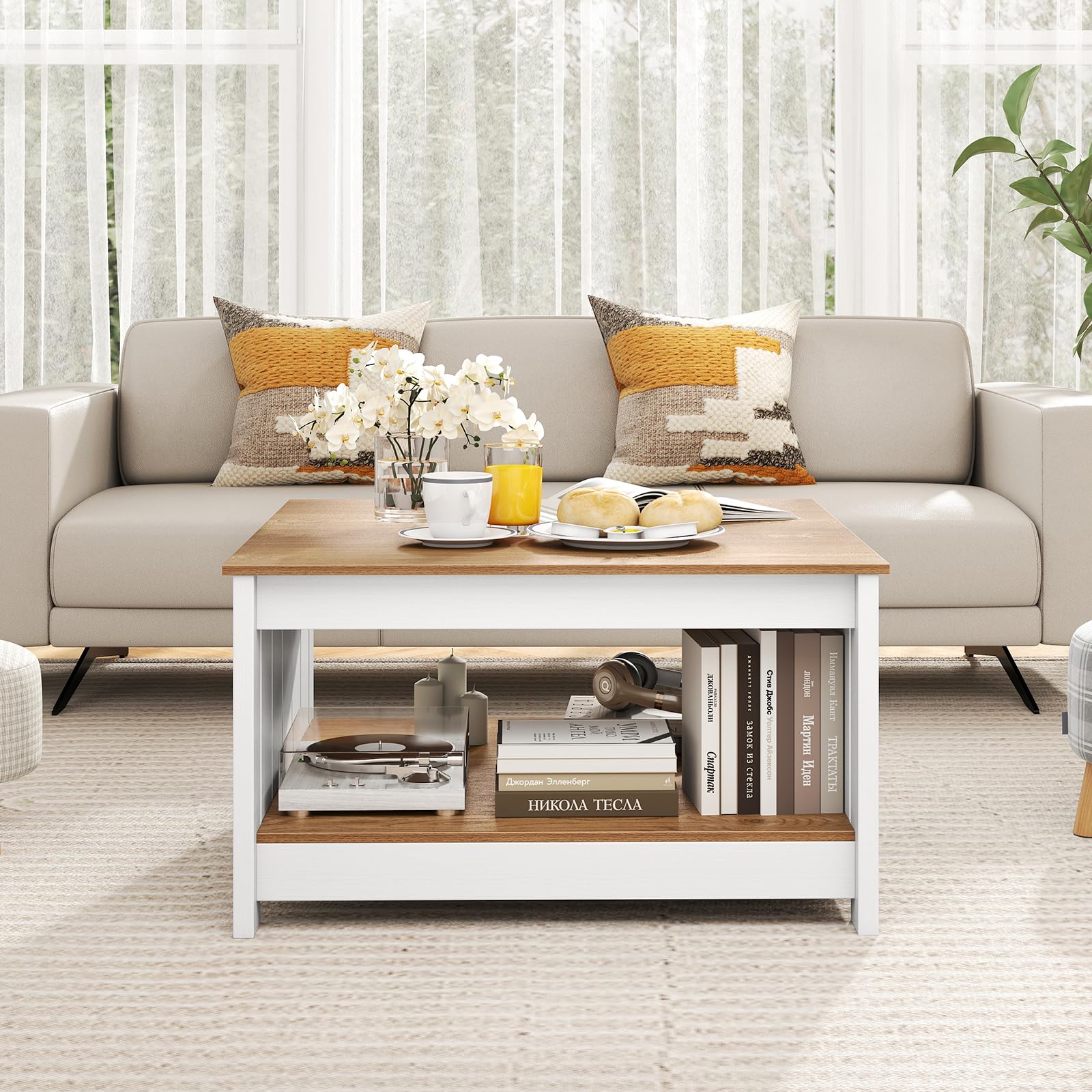 LIFEZEAL Mesa de centro de madera, mesa cuadrada de salón con 2 niveles, mesa de té con pies antideslizantes para hogar y oficina, rústica