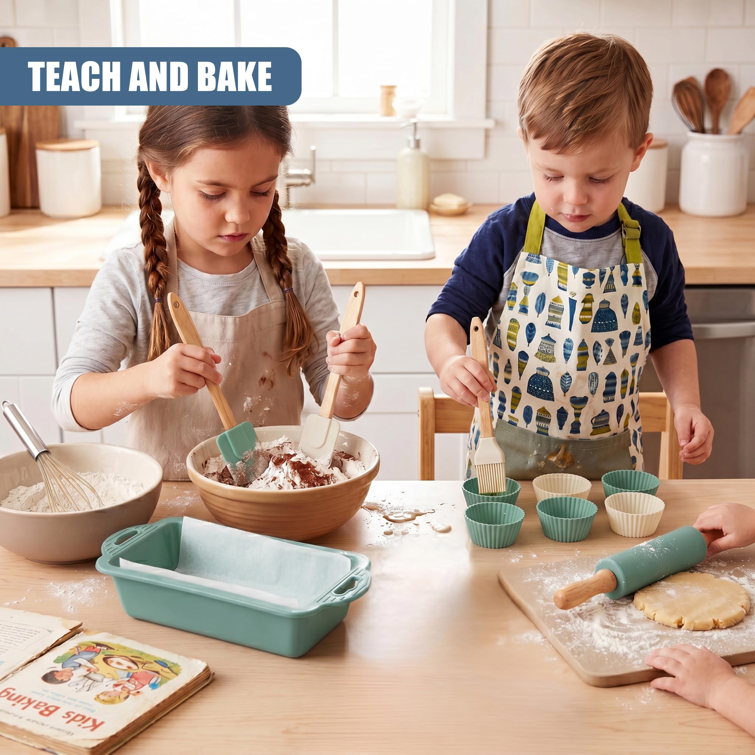 Silikon Backset für Kinder inkl Backform, Teigroller, Spatel, Pinsel, Schneebesen