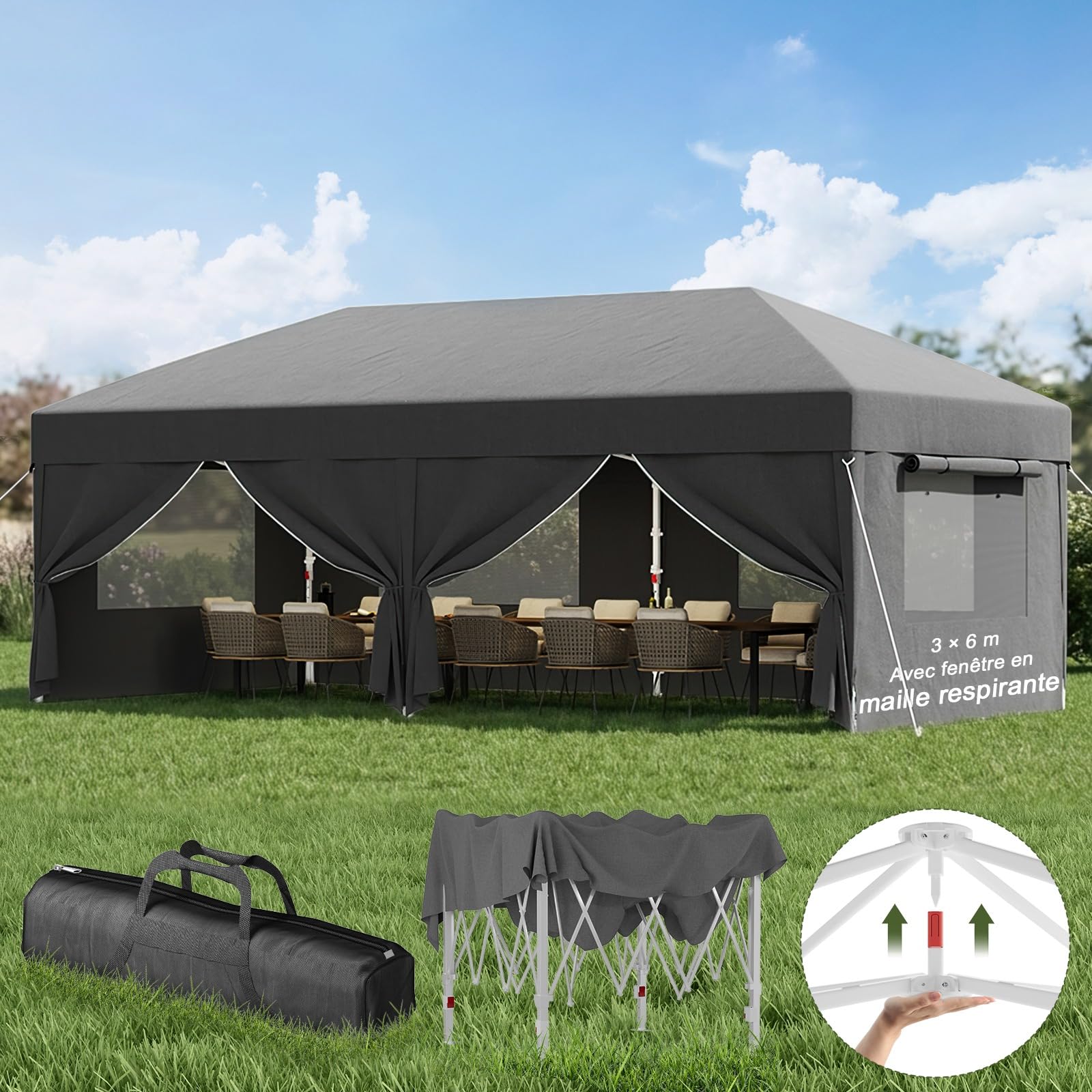 Devoko Tonnelle Pliante avec Fenêtre Moustiquaire Aérée, Tonnelle 3x6 Imperméable Stable, Tonnelle Pop Up avec Parois Latérales, Protection UV 50+, Tente de Fête pour Jardins, Camping (Gris)