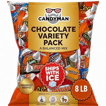 CANDYMAN 8 Pound Assorted Chocolate Candy Variety Pack, Individually Wrapped Bulk Chocolates, Holiday & Gift Candy, Fathers Day, Ship with Ice