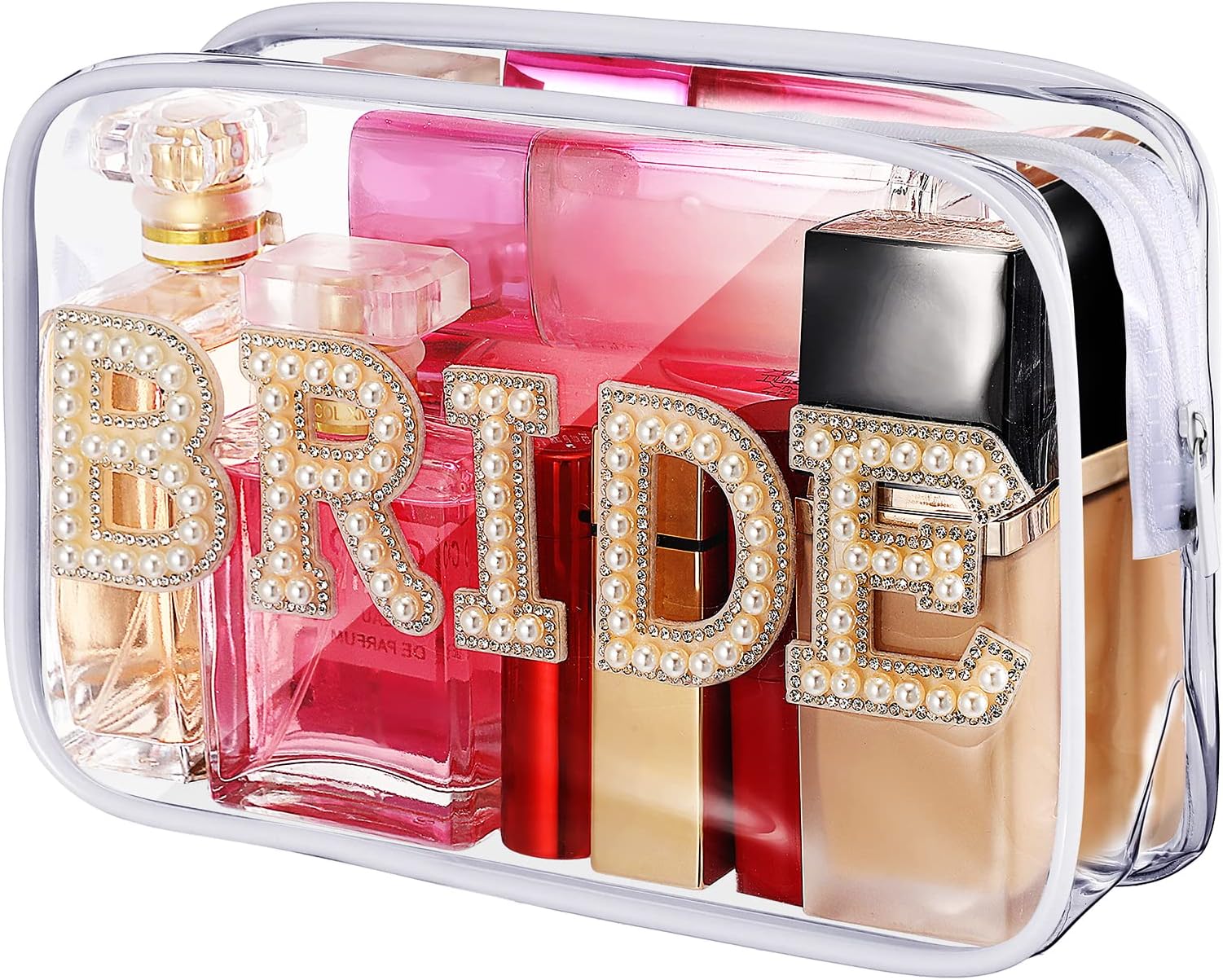 LEIFIDE Bride Bag Clear Makeup Bag Bride Gift Cosmetic Packet Mrs Pearl Bachelorette Toiletry Packet Wifey Pouch Rhinestone Letter PVC Travel Case Wifey Purse Portable(BRIDE Style)