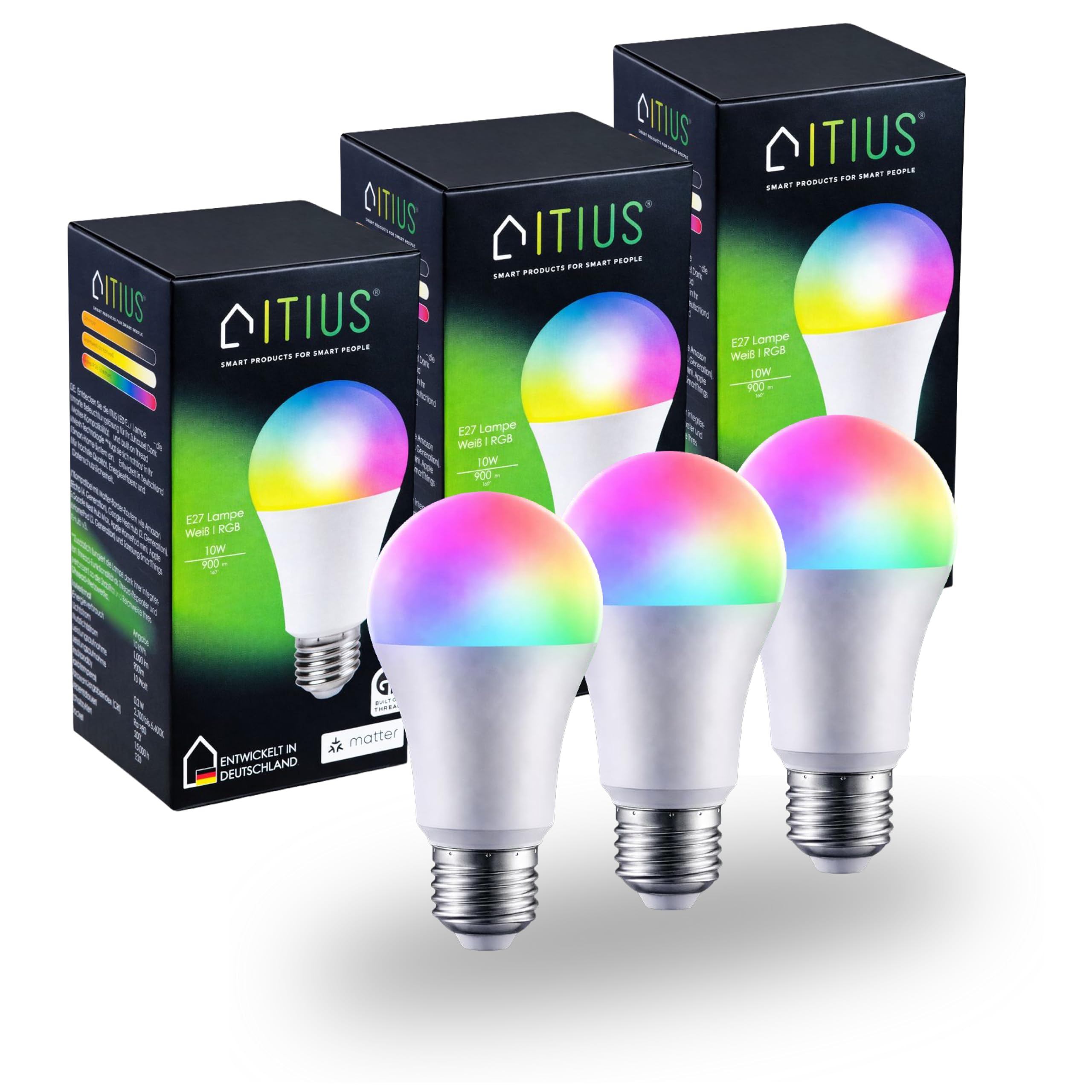 itius Matter LED Lampe E27 RGB + CCT | 3er-Set | Thread Mesh | Glühbirne Mehrfarbig Dimmbar, 2700–6400K, 900 lm, 10W Leuchtmittel Smart Home Beleuchtung für Alexa, Google, Apple