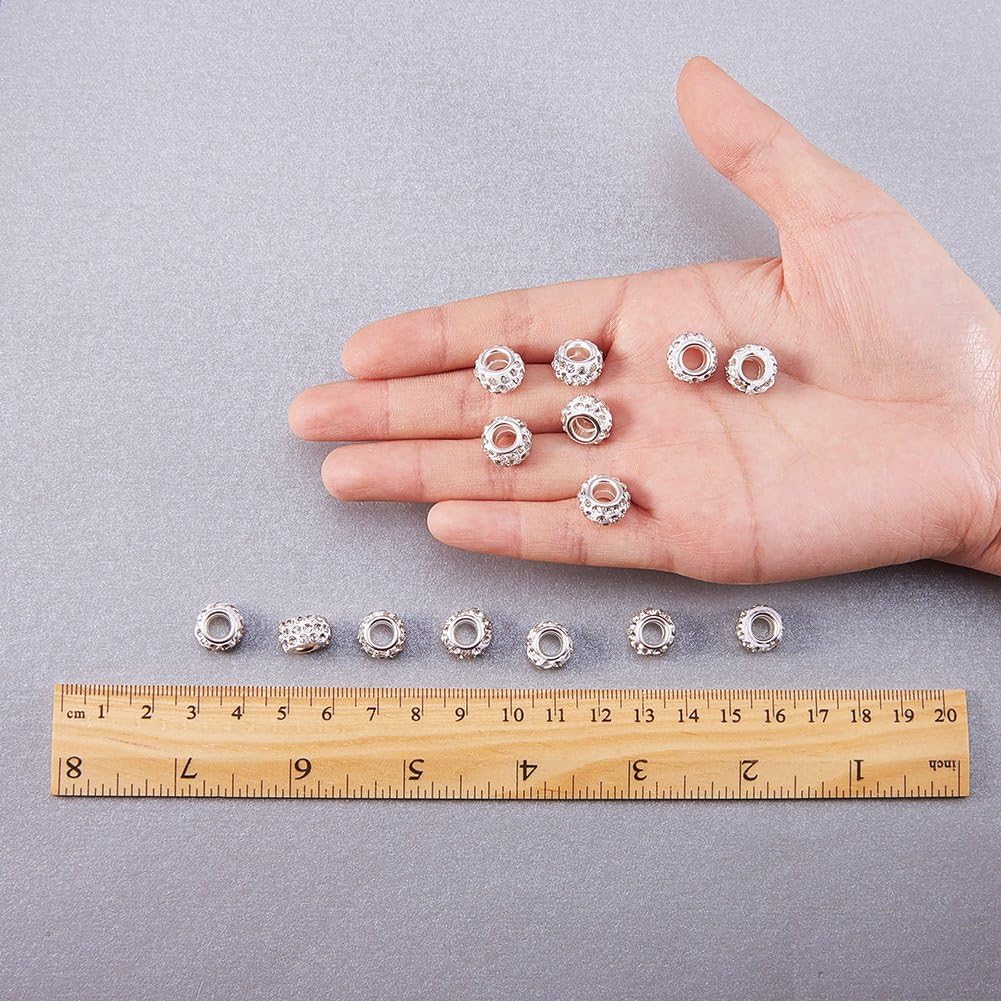 NBEADS 100 Pcs Clear Crystal Rhinestone Large Hole European Beads Pave Clay Rondelle Spacer Beads for European Snake Chain Charm Bracelet - Image 5