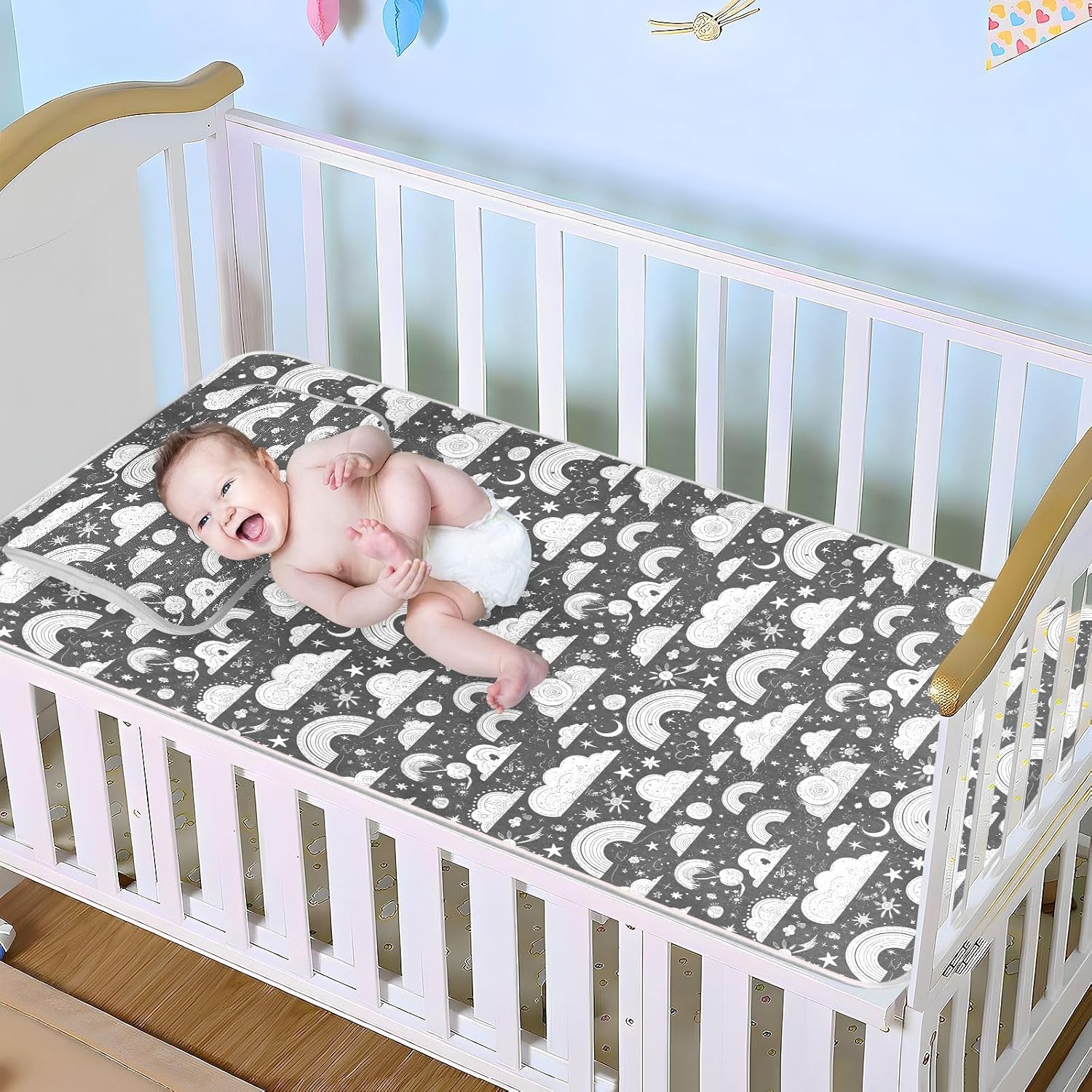 Cartoon Rainbow Black and White Cooling Baby Crib Mattress 28" x 52" Reusable Bed Pads for Adults for Baby&Toddler