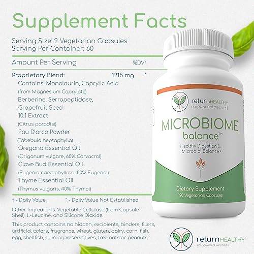 Miniatura 5 de Equilibrio de microbioma, suplementos de salud intestinal para mujeres y hombres, suplemento de digestión con monolaurina y ácido caprílico,