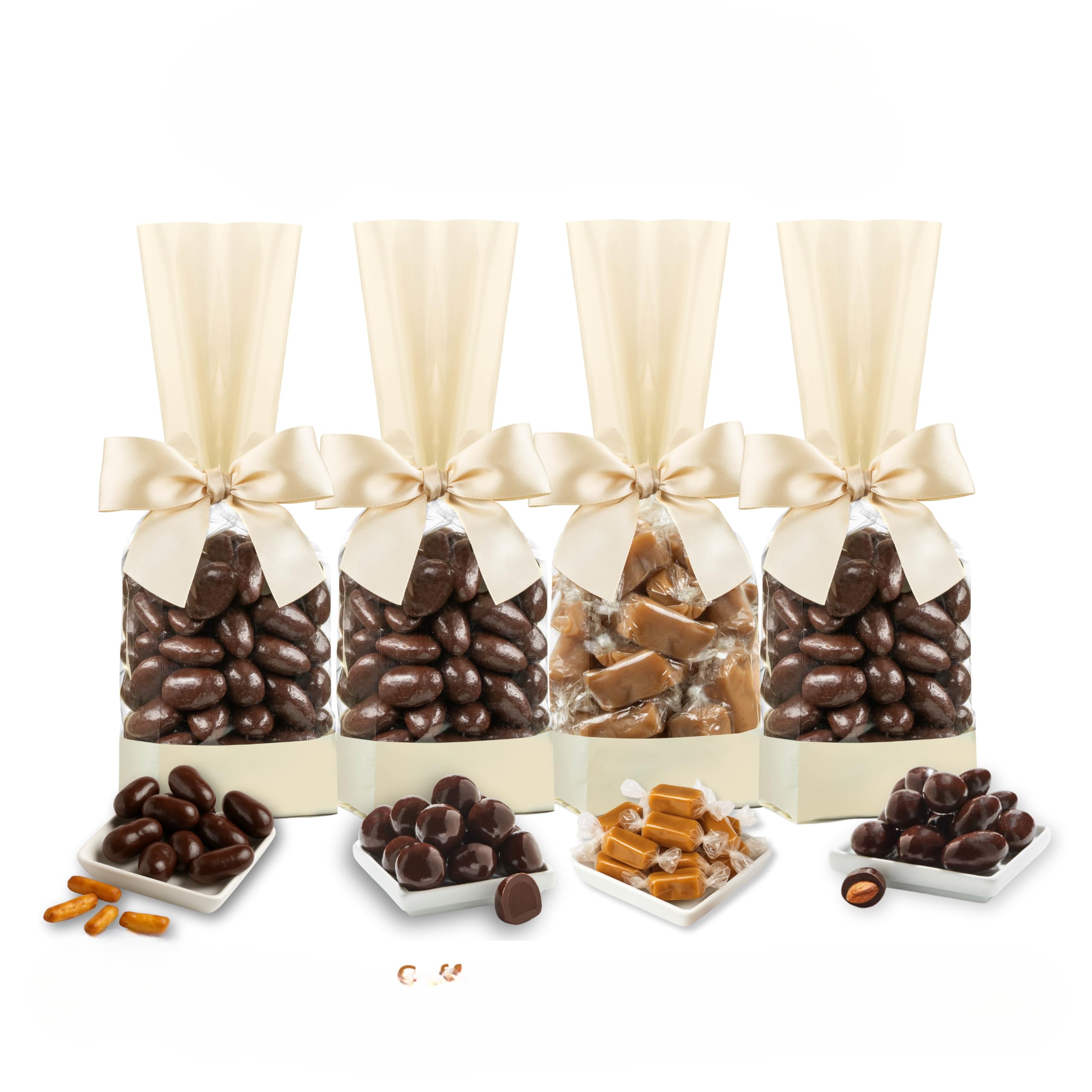 Holiday Chocolate Candy Gift - 4 Bags Gift Set, Dairy Free, Kosher, Vegan Friendly - Dark Belgian Chocolate Covered Pretzels, Caramels, Coffee &