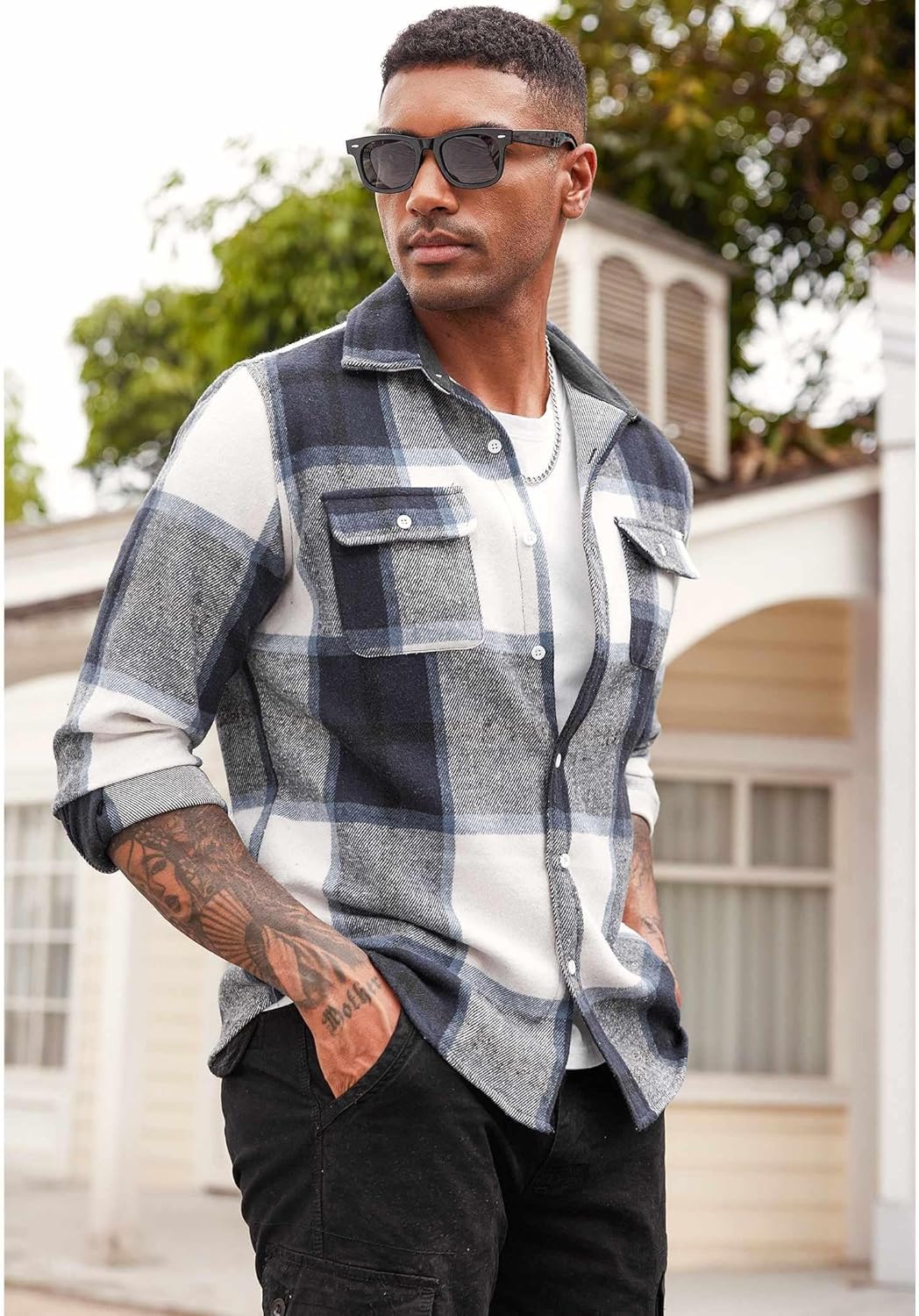 COOFANDY Men's Flannel Shirts Long Sleeve Cotton Plaid Shirt Jacket Casual Button Down Shirt with Pockets - Image 3