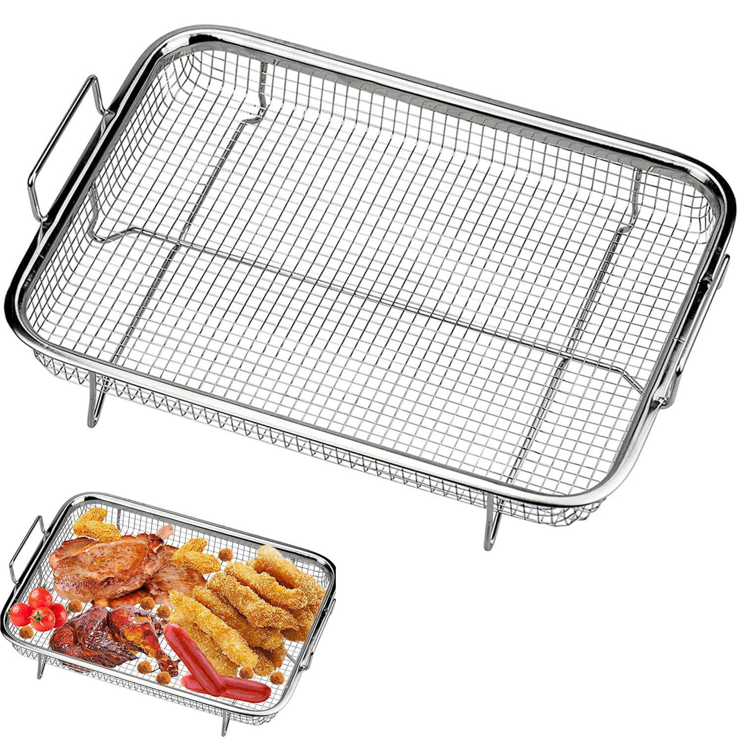 WEIWUXIAN Stainless Steel Crisper Basket, Non-Stick Crisper Oven Baskets, Grill basket Oven Air Fryer Pan Mesh basket for Baking Grilling Fries Bacon Chicken Onion Rings (22.6x30.3x3.5cm)