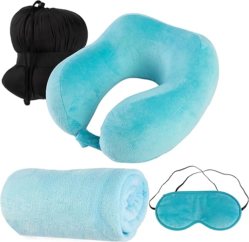 Home-Complete Juego de almohadas de viaje, almohada de espuma viscoelástica, manta de vellón y máscara de ojos, esenciales de viaje para aviones,