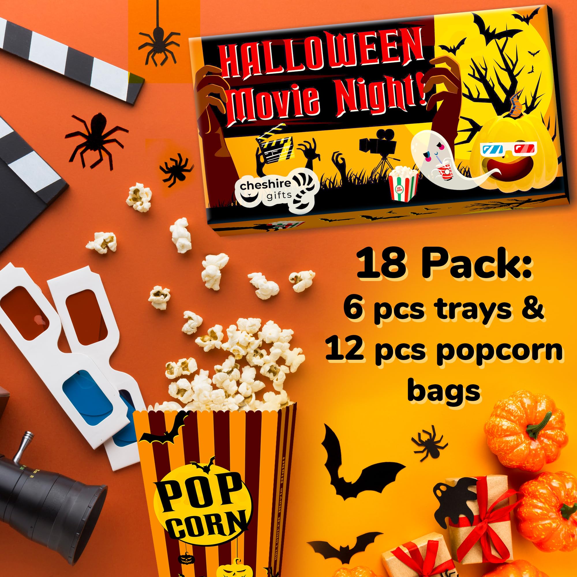 Cheshire Gifts Halloween Party Supplies For Movie Night 18pcs - Popcorn Bags 12ct & Movie Night Snack Trays 6ct - Halloween Party Decorations, Party Favors, Decor