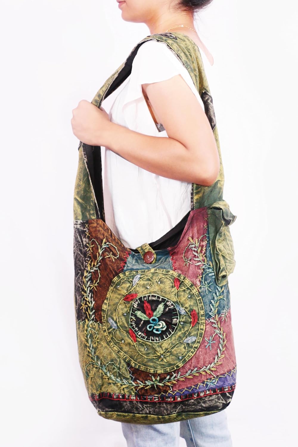 Handmade Cotton Jacquard Crossbody Bag, Large Size, Top Zip Closure, Embroidered Hobo Purse, Patchwork Design