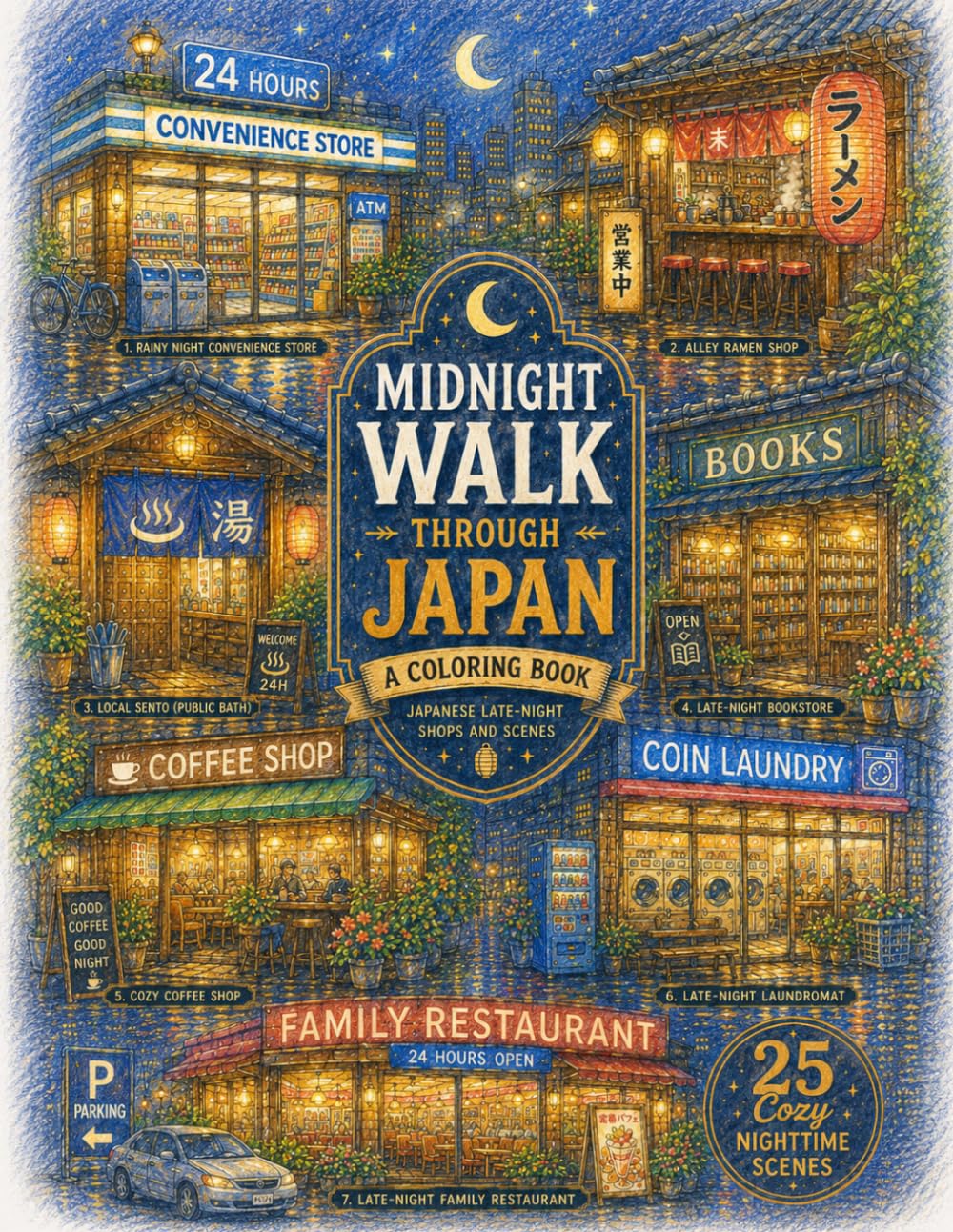 Midnight Walk Through Japan: A Coloring Book: 25 Cozy Japanese Late-Night Shops, Streets, and Hidden Places to Relax, Unwind, and Color