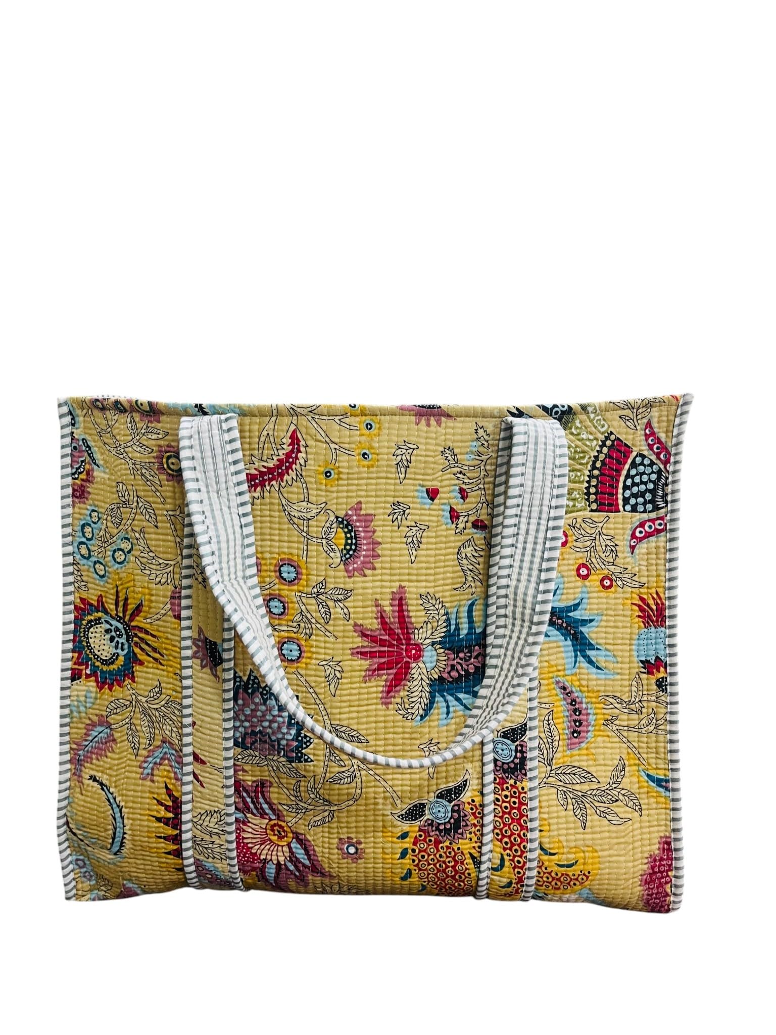 Sac fourre-tout matelassé en coton jaune imprimé main pour un grand sac cabas pratique au quotidien - 6