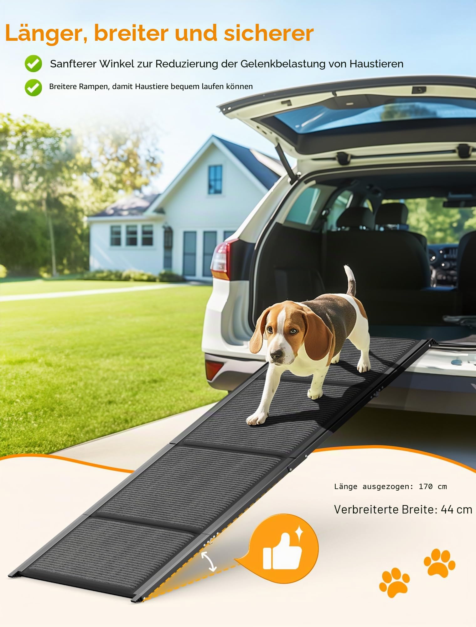 Hunderampe Auto Klappbar, klappbare tragbare Haustiertreppe mit Rutschfester Teppichoberfläche, extra breite Hundestufen für mittelgroße und große Hunde bis zu 113 kg für Autos, SUVs & LKWs,170x44 cm