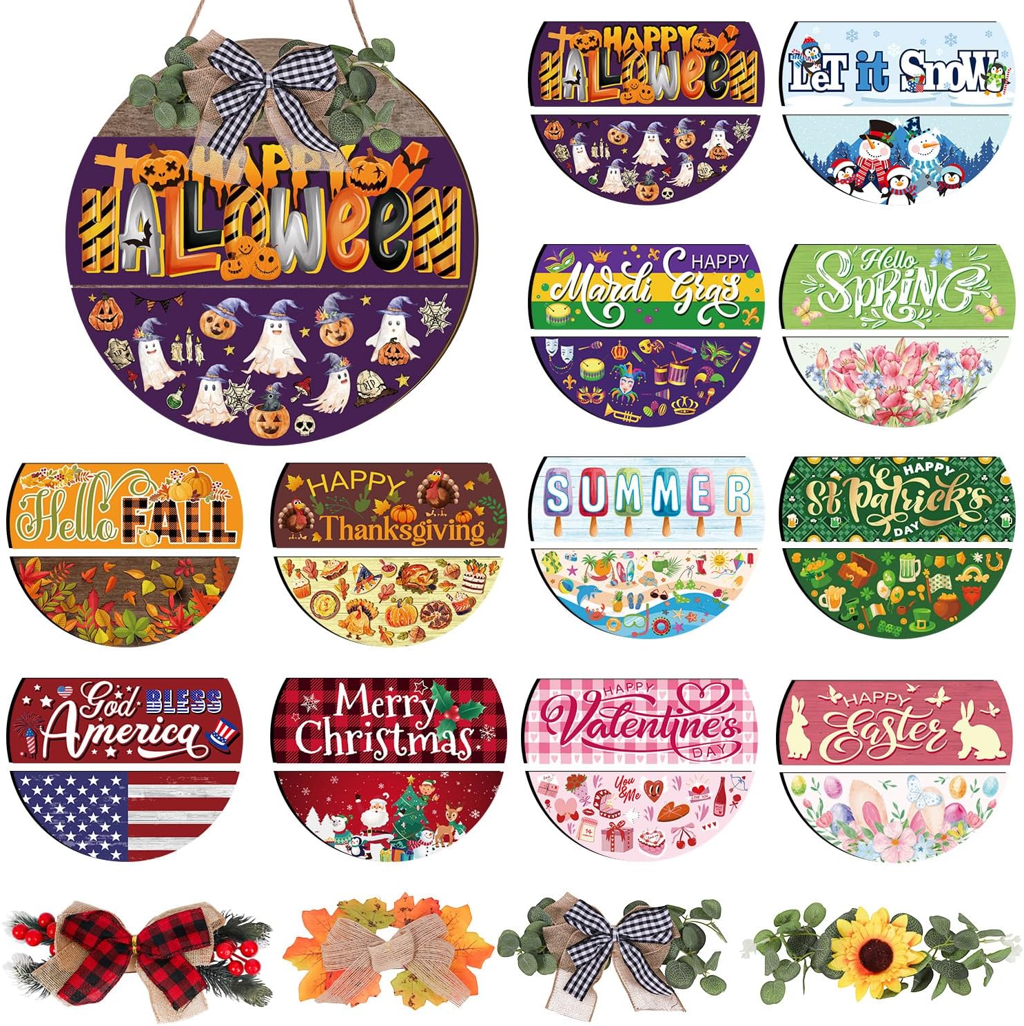 Gameza Interchangeable Welcome Sign Magnetic, Wooden Seasonal Welcome Sign for Front Door, Door Hanging Decor with 4 Seasonal Wreaths and 24 Changeable Icons Farmhouse Home Decorations - Image 9