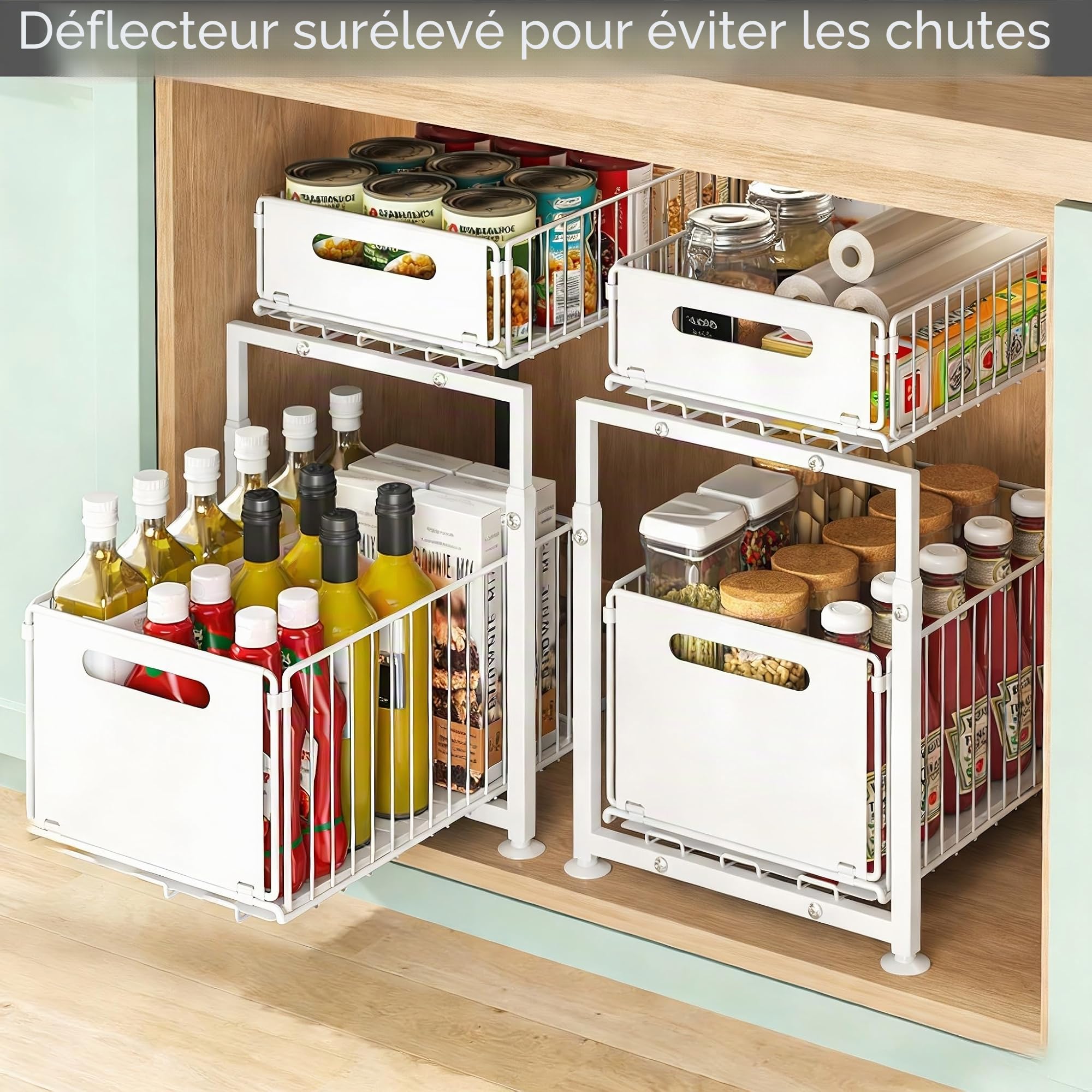 Étagère de Rangement Sous Évier en Métal 2 Niveaux, Tiroir Coulissant Organisateur Placard Cuisine Salle de Bain, Rangement Gain de Place Plan de Travail