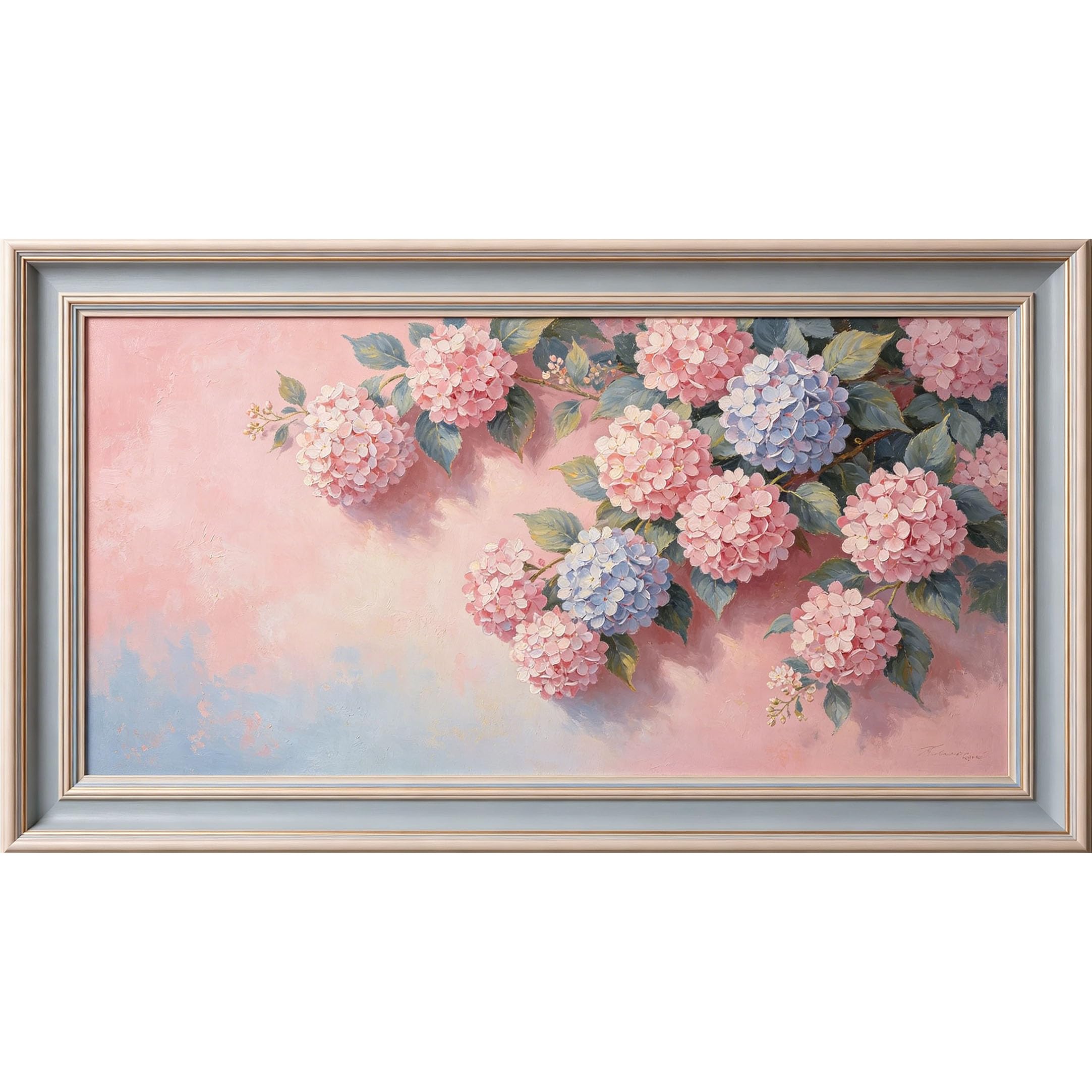 QZLITHOTIC 50x90cm3D Framed Wall Art， Botanical Hydrangea Blossoms Watercolor Oil Painting Self‑Adhesive Mural， Water‑Activated Peel & Stick Fabric Decor Wall Decal for Bedroom Living Room