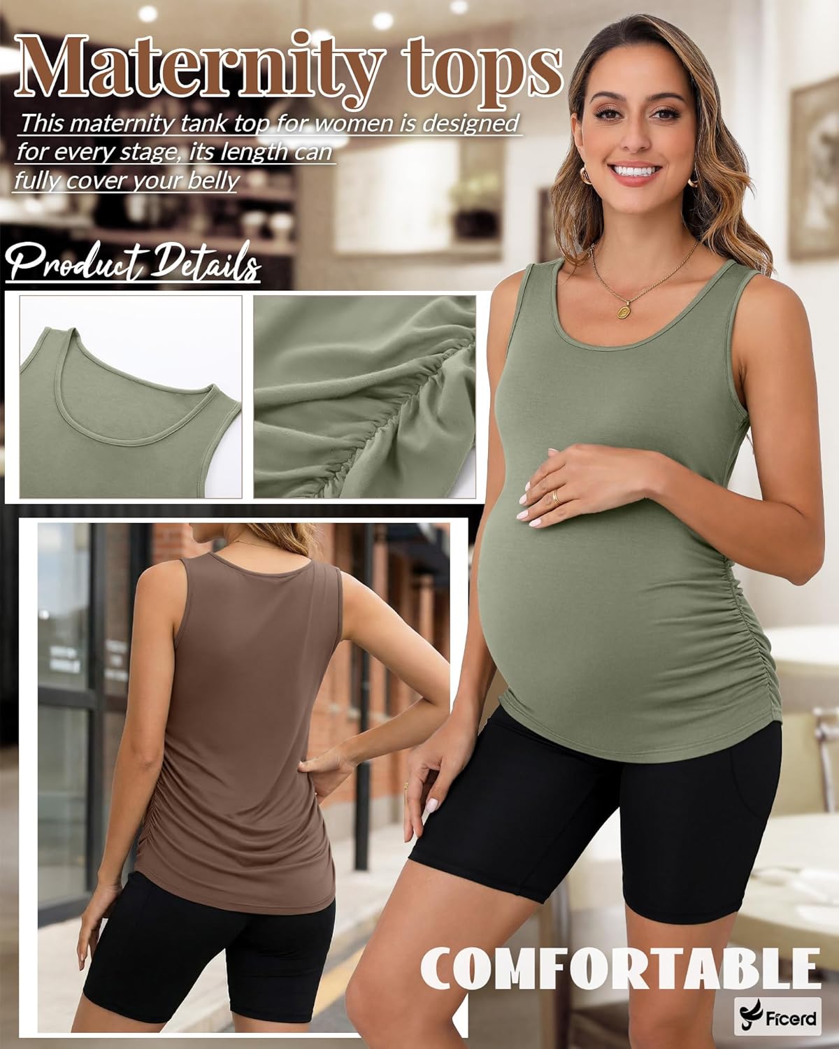 Ficerd 4 Pack Women's Maternity Tank Tops Sleeveless Side Ruched Top Crew Neck Casual Pregnancy T-Shirts Summer Basic - Image 6