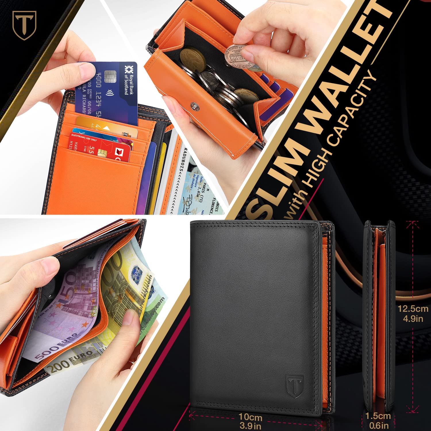 TEEHON® Portafoglio Uomo Brifold Vera Pelle Blocco RFID, con Tasca Portamonete, 12 Porta Carte di Credito, 2 Scomparti Banconote, Finestra ID, Verticale Portafogli - nero e arancione