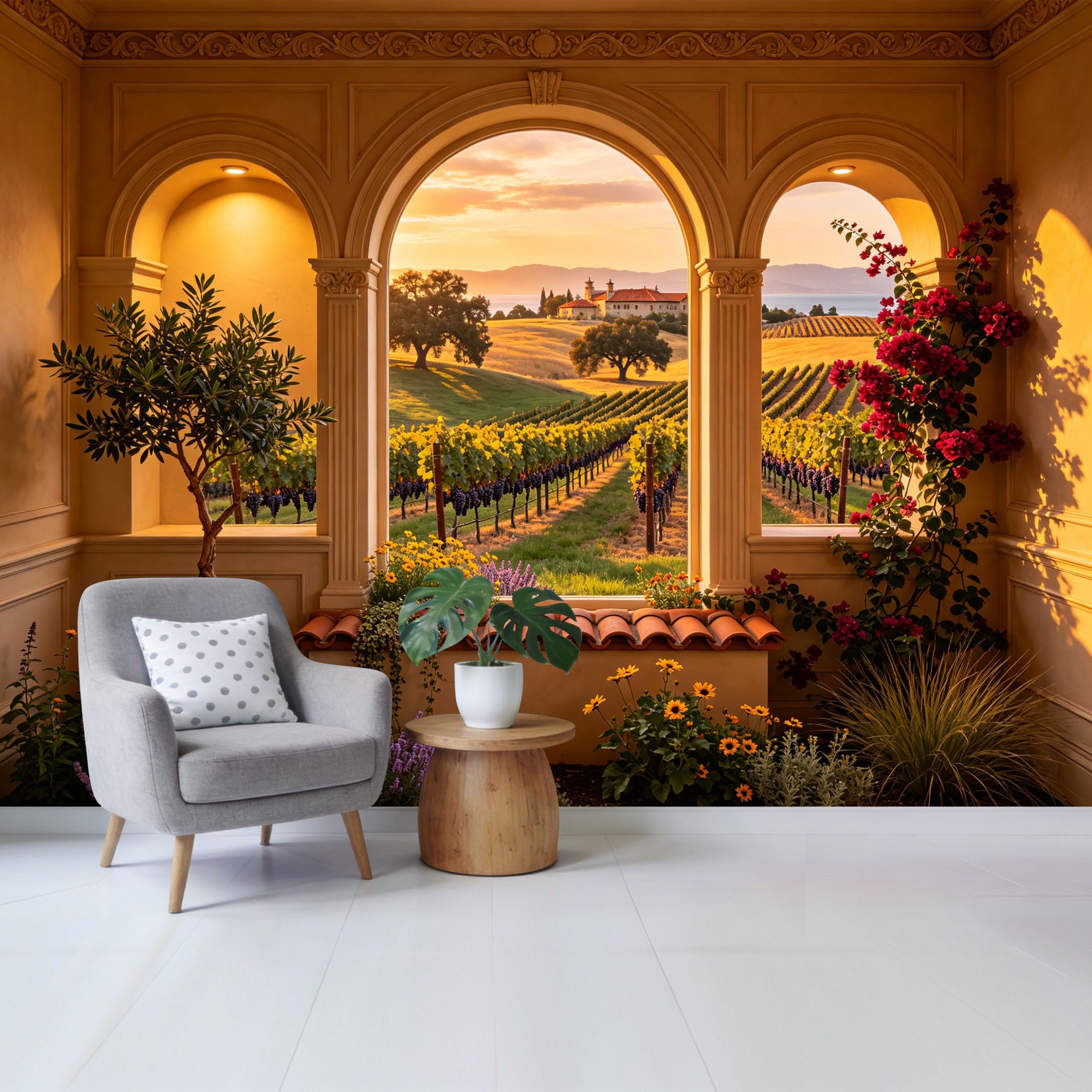 Removable Self Adhesive Fabric Mural， Tuscan Vineyard Sunset Landscape Custom Size Wall Covering， UV Protected Waterproof Washable Wall Decor for Living Room Bedroom Bathroom