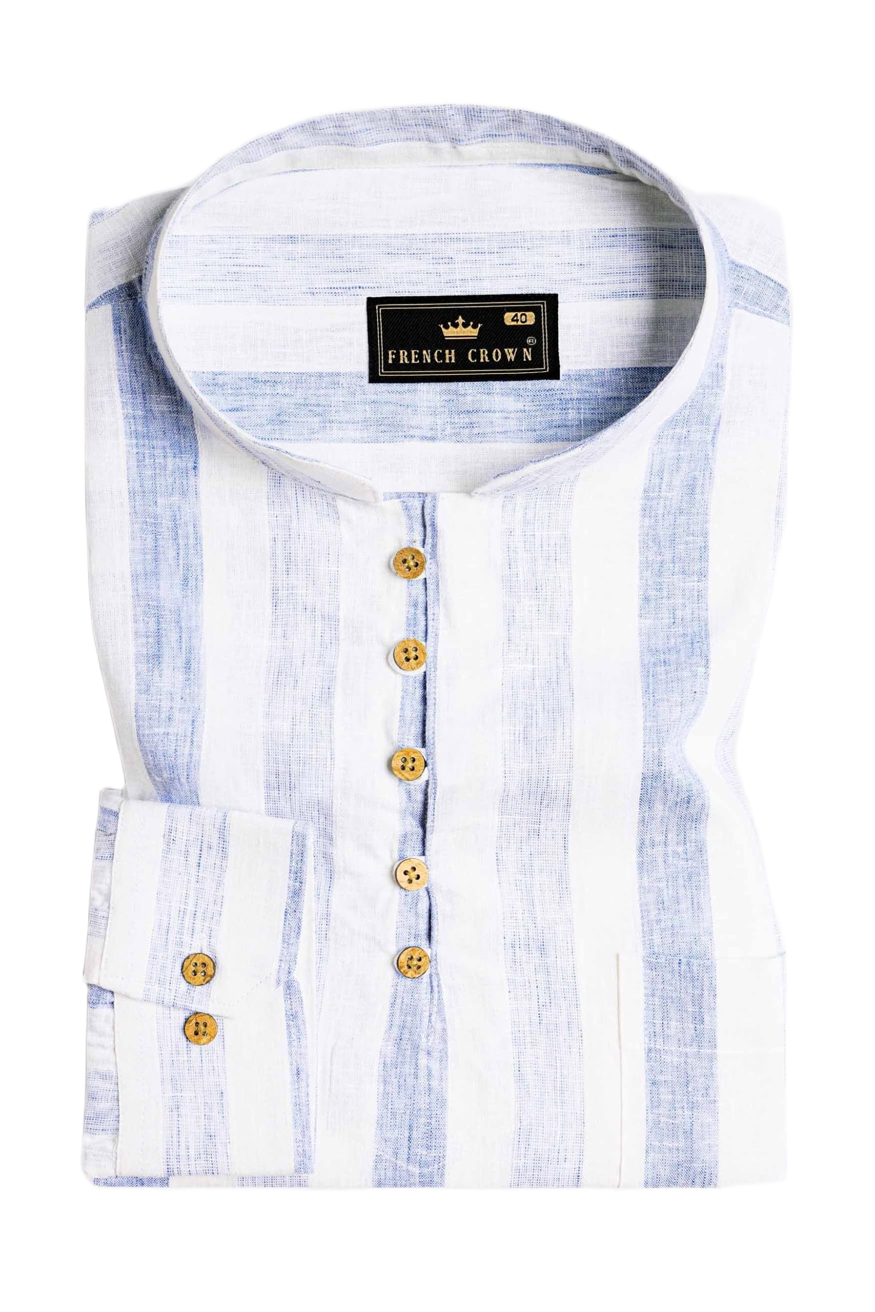 french crown Men's Hoki Blue and White Striped Luxurious Linen Kurta Shirt (Size)-picture-17