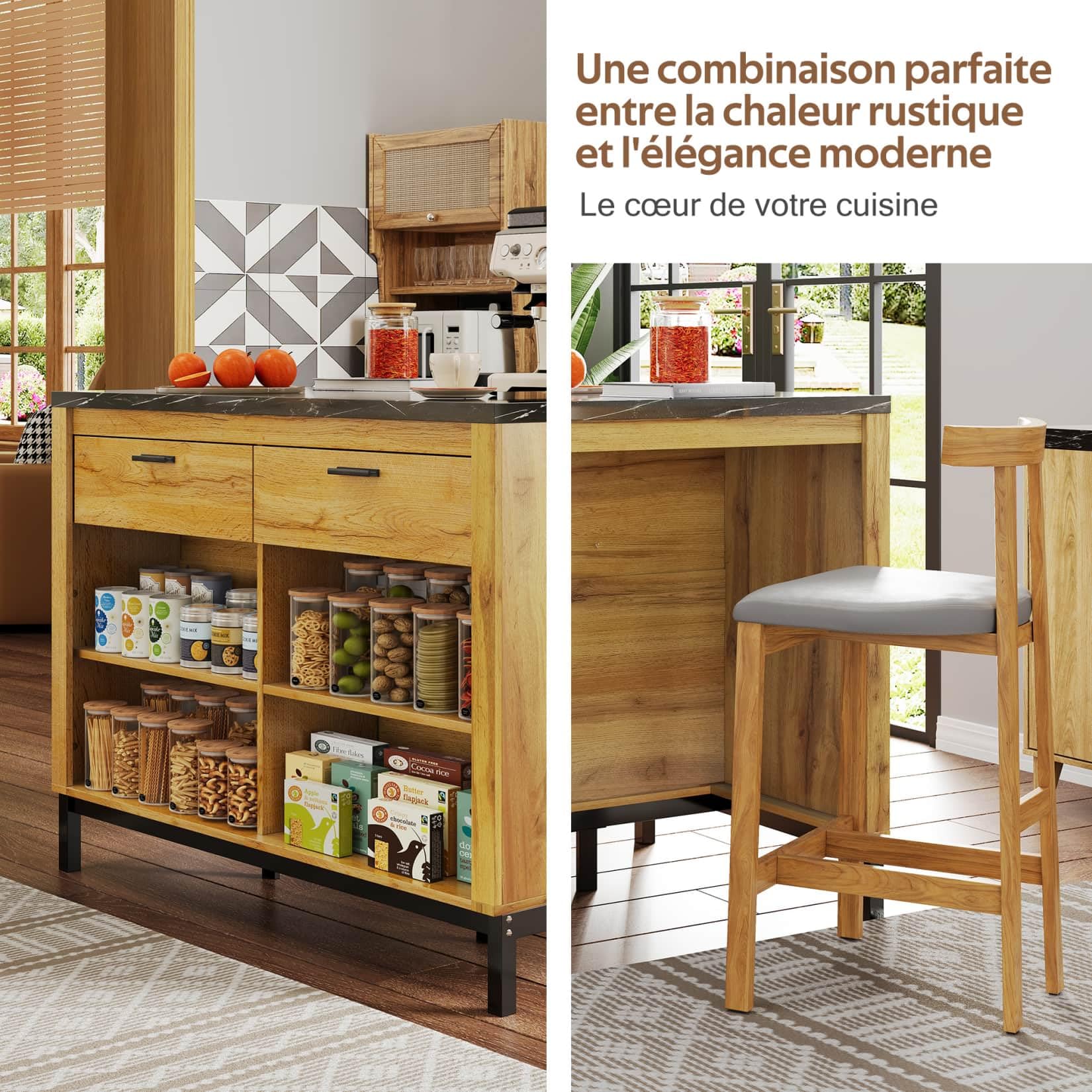 PUGSDRLY Îlot Central Cuisine 120x75x90 cm,Meuble de Cuisine,Buffet Salle a Manger avec Plan de Travail de Marbre Noir,2 Tiroirs,4 étagères Ouvertes,pour Salles à Manger(E-Natuel)