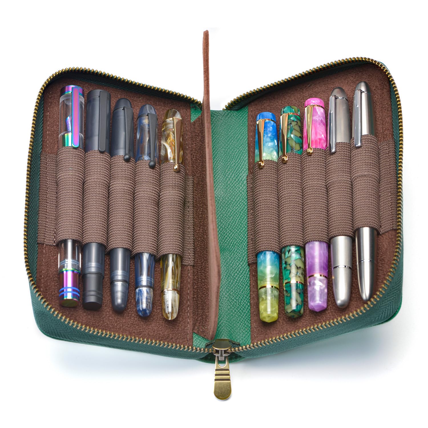 Fountain Pen Case Genuine Leather Pen Case 10 Divided Slots Army Green, Rollerball Pen Holder Handmade Display Organizer Zippered Pouch - Image 3