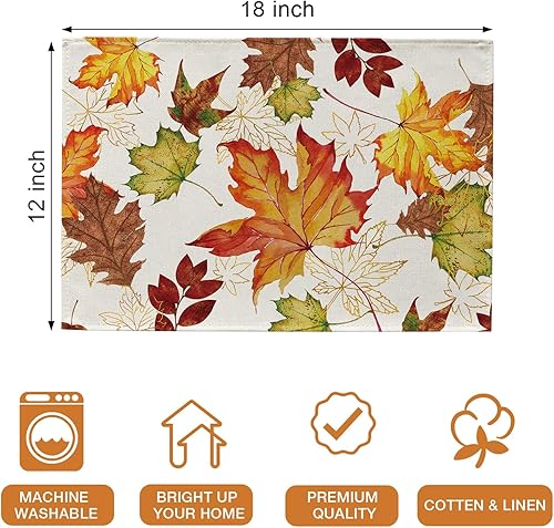 Miniatura 2 de Seliem Juego de 4 manteles individuales de hojas de arce otoñales, manteles individuales de otoño con hojas doradas y rústicas para mesa de comedor,