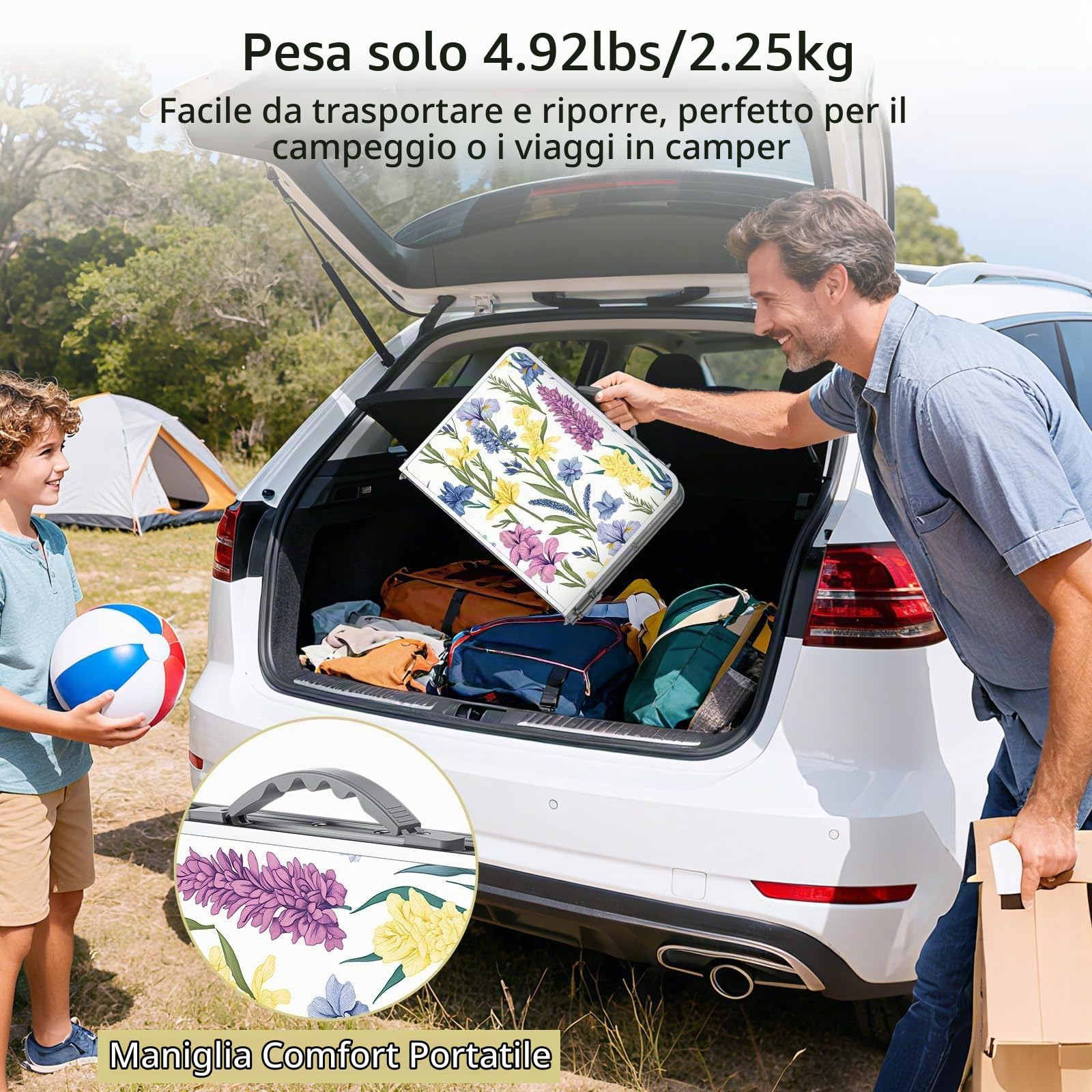Anbte Tavolo Pieghevole da Esterno con Motivo Decorativo, Argento, 58x40 cm Altezza Regolabile a 70 cm, Piano in MDF Facile da Pulire, Leggero e Stabile per Giardin/Campeggio/Picnic