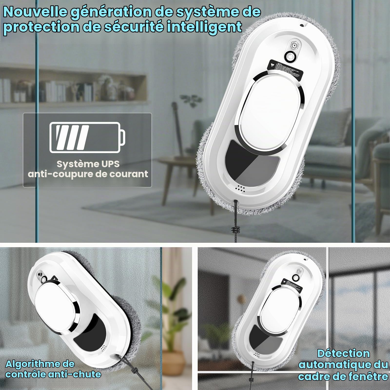 Robot Nettoyeur Vitre, 5600Pa Robot Laveur de Vitre Automatique avec Pulvérisation d'eau, Lave Vitre Automatique avec 3 Modes de Nettoyage, Navigation Intelligente et Système de Protection