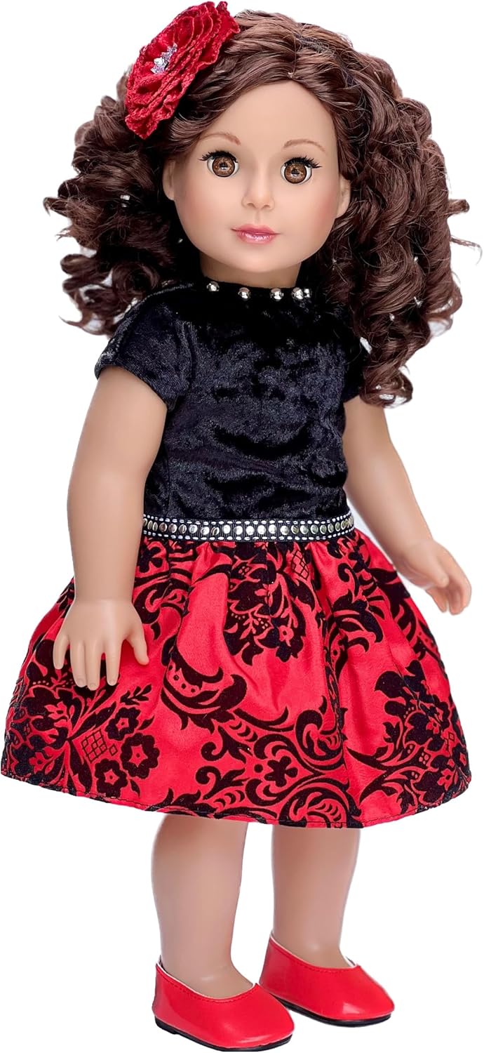 Holiday Spirit - 3 Piece 18 inch Doll Outfit - Holiday Red Taffeta Party Dress with Red Shoes and Headband - (Doll Not Included)