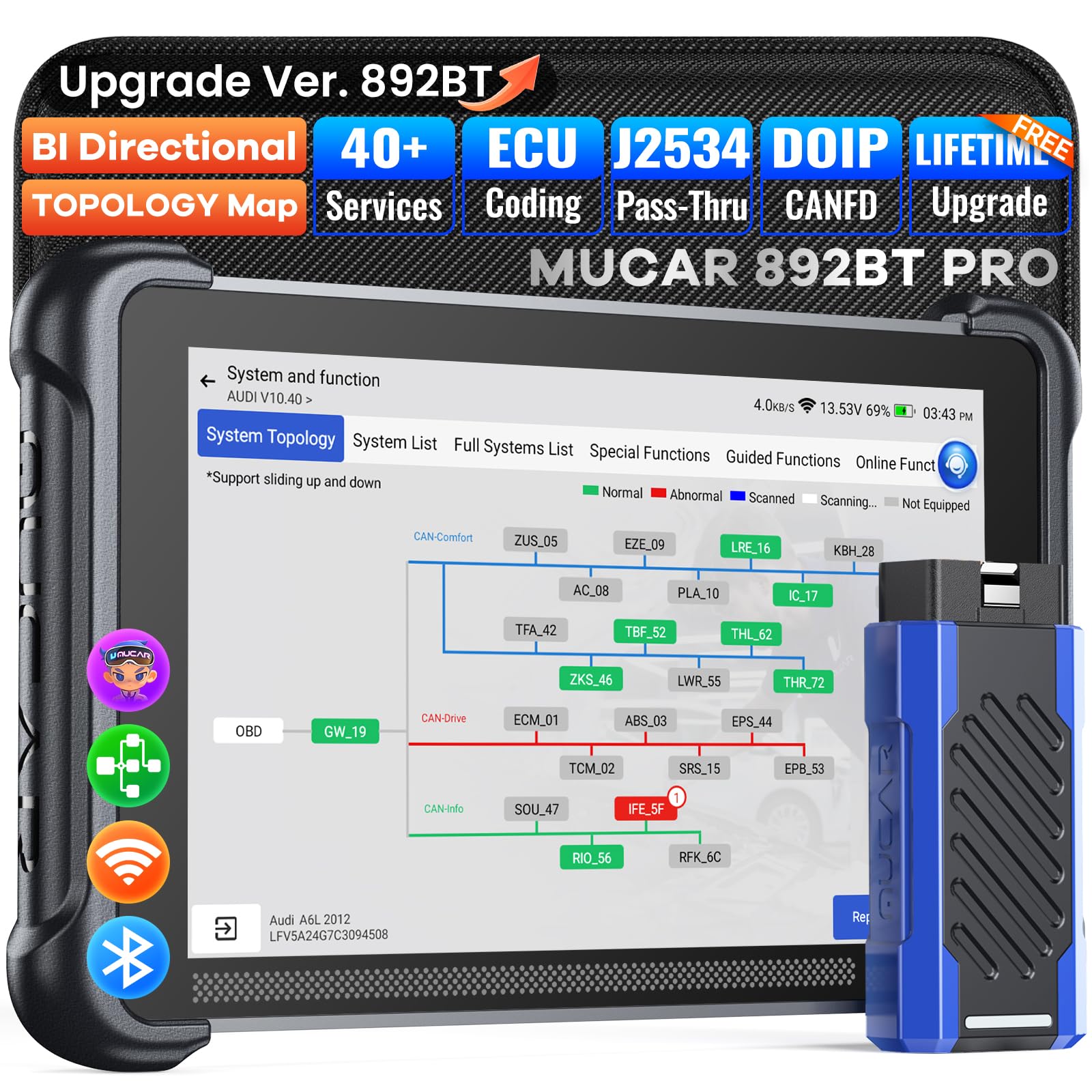 MUCAR OBD2 Scanner with Topology Mapping, 892BT PRO AI-Assisted Diagnostic Tool, Up Ver.of 892BT, 3000+ Bidirectional Test, 40+ Services, ECU Coding, FCA SGW AutoAuth, CANFD/DOIP, Lifetime Free Update