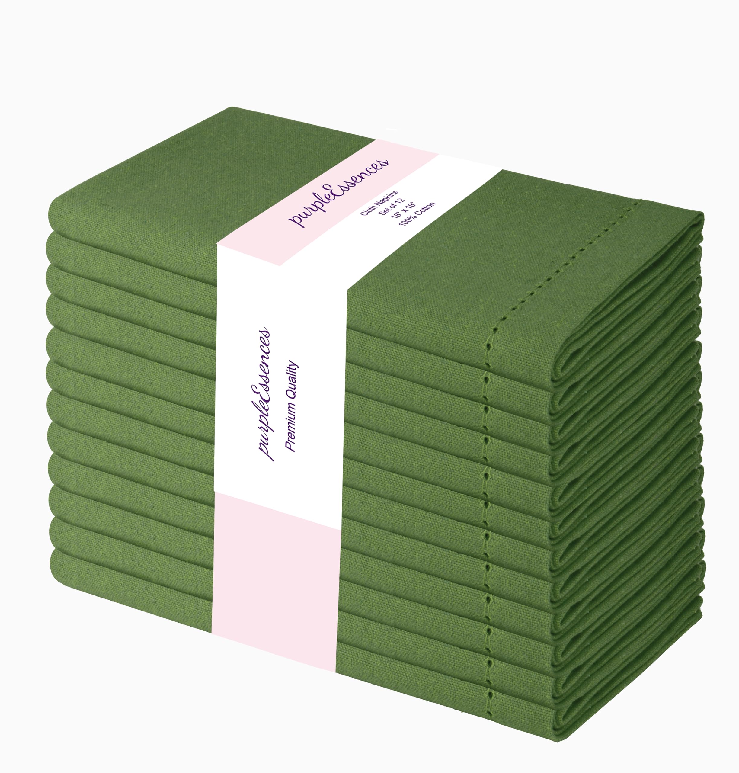 PurpleEssences Set of 12 Hemstitch Cloth Dinner Napkins 100% Cotton - Soft Durable Washable - Ideal for Wedding Christmas Holiday Winter - Perfect Everyday Use Table Linen 18x18 - Sage Green