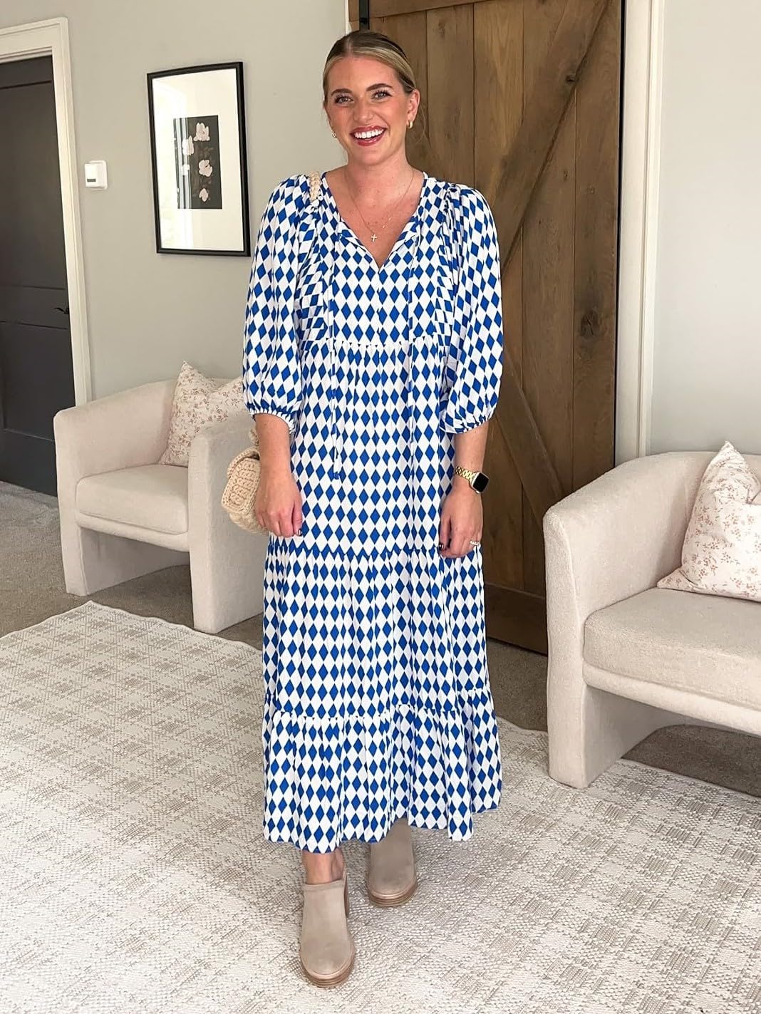 miduo Womens Loose Fit Casual Summer V Neck Half Sleeve Bohemian Geometric Pattern Maxi Long Dresses - Image 2