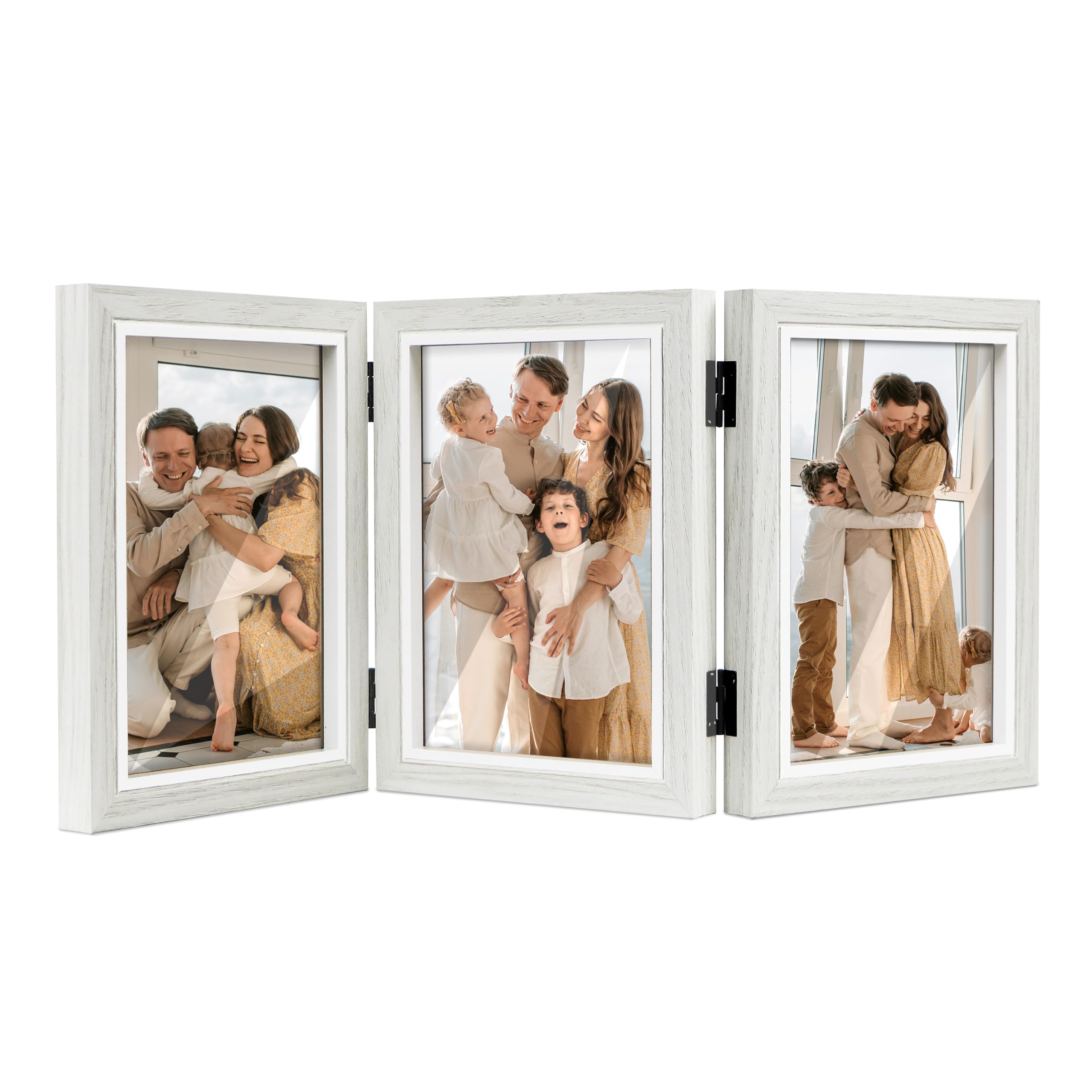 Shampsen White Photo Frame 5x7 Three Photo Collage Frame Hinged Triple Foldable Frame for Tabletop Desk Display Gift for Mother,Friend