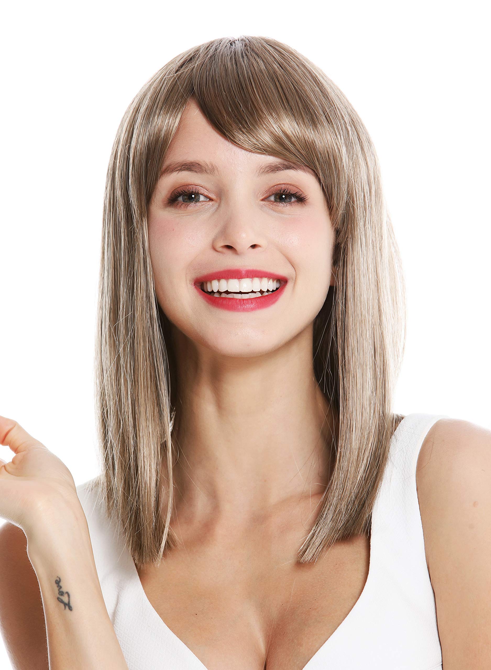 WIG ME UP - VK-5-14H24 quality women's wig shoulder length sleek longe fringe parted brown highlights blonde highlights