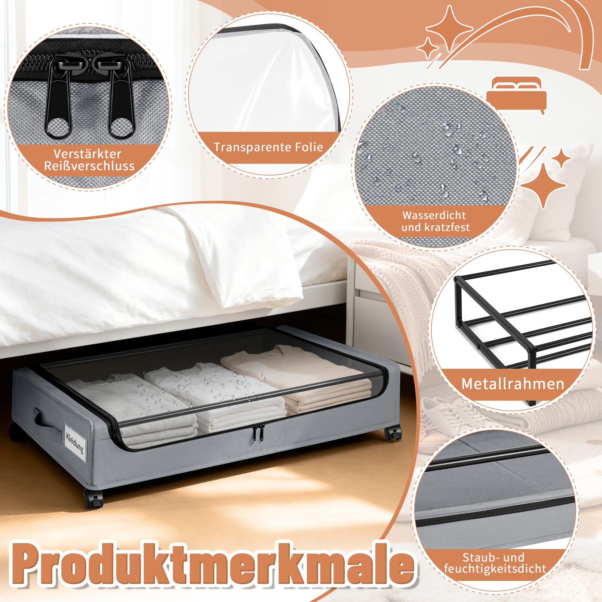 Unterbett Aufbewahrungsbox,2 Stück Unterbettkommode Transparente Obere,Grau