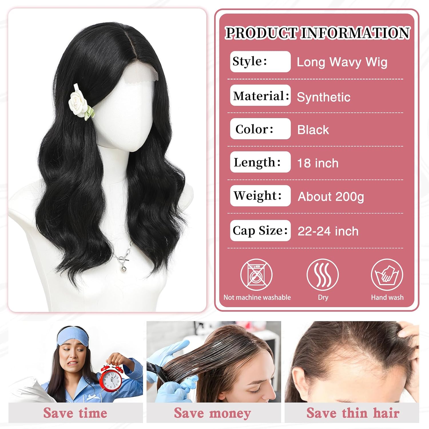 MORICA Black Wigs for Women 18 Inch Middle Part Medium Length Short Curly Wavy Wigs,Natural Synthetic Hair Womens Wigs for Daily Party/Halloween Use（18inch，Black） - Image 2