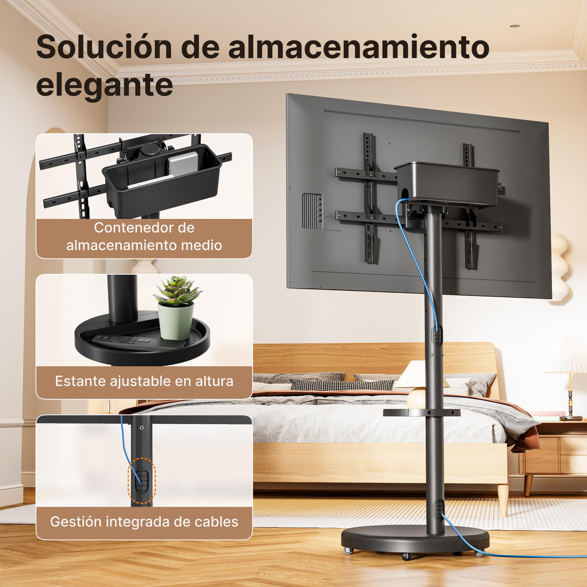 Soporte de TV ajustable con ruedas para televisores de 37 a 86 pulgadas, capacidad de carga de 50 kg, formato vertical y horizontal, carrito de TV móvil estable con estante, máx. VESA 600 x