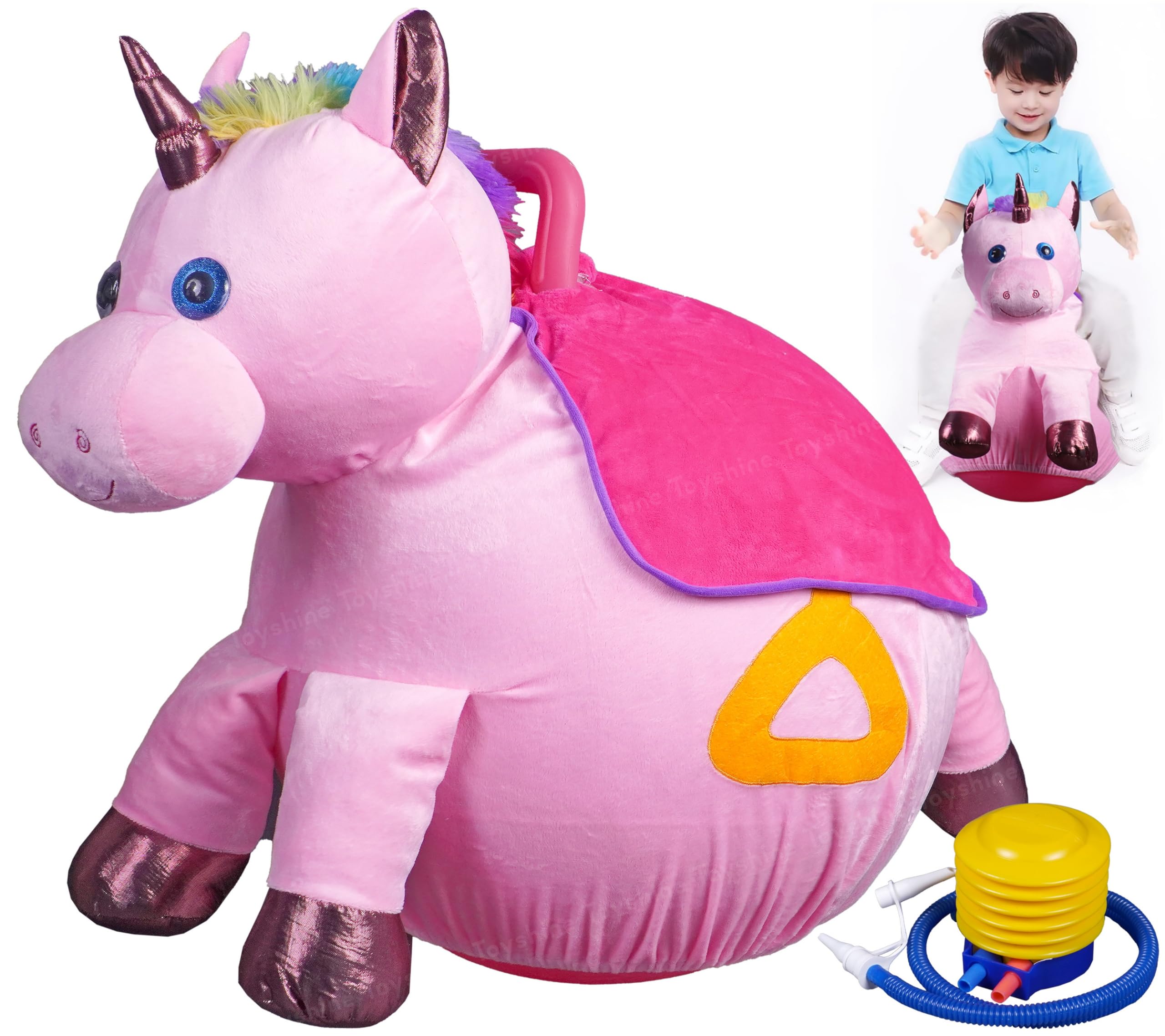 Toyshine Soft Stuffed Horse Shape Inflatable Ride-On Pony Hippity Hop Jumping Hopping Ball for Kids, Pump Included - Pink
