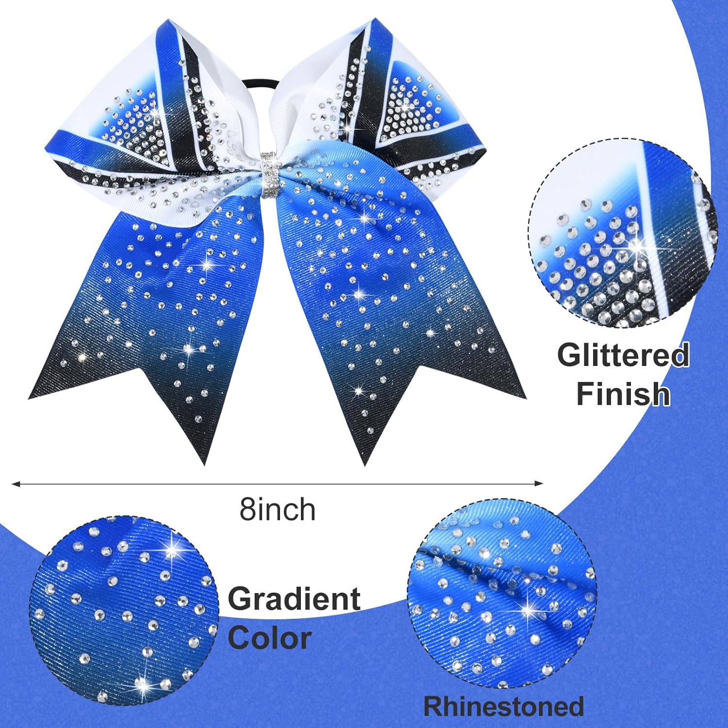 DEEKA 6PCS 8" Large Glitter Cheer Bows Black and Royal Blue Gradient Color Rhinestone Shiny Cheer Hair Bows Elastic Band Ponytail Holder for Cheerleader Girls Sports -White/Royal Blue/Black