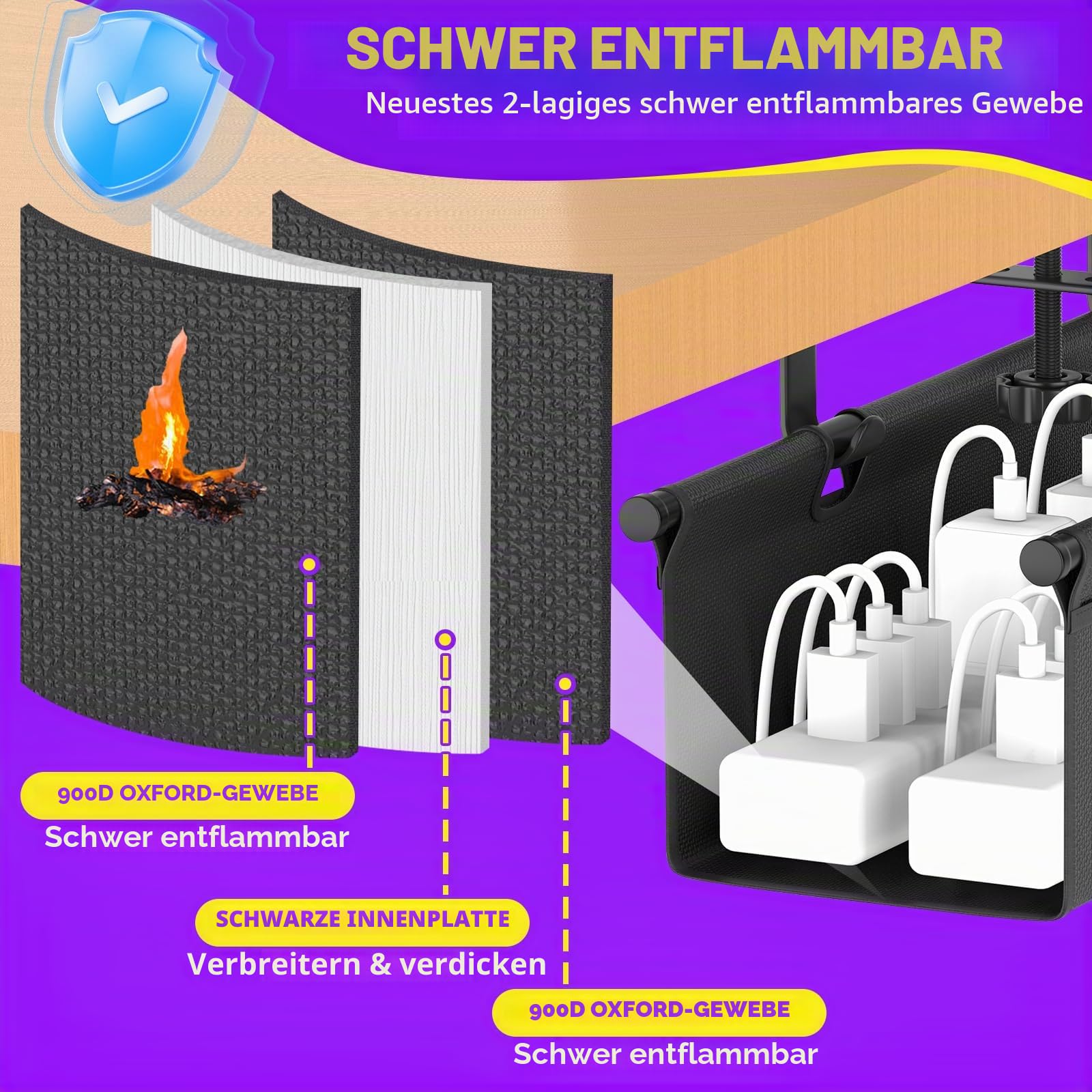 REFLYING Unter Dem Kabelkanal Schreibtisch, 74cm Cable Management Ohne Bohrung, Robuster und Flexibler Kabelmanagement, Geeignet für Büro, Zuhause und Andere Orte, Schwarz