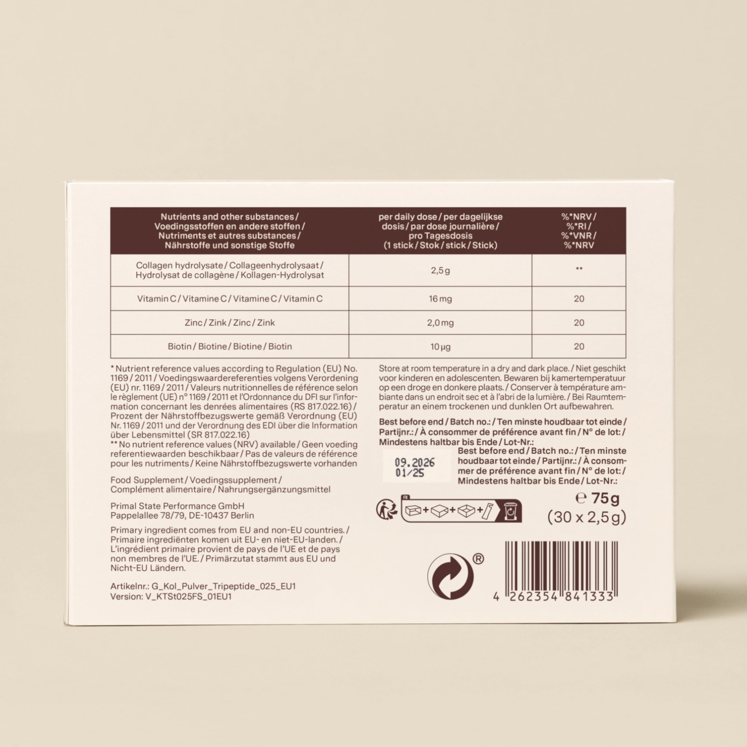 Glow25® Collagen Intensive – marin, tripeptides, vitamine C, zinc, biotine | Collagène intensif avec tripeptides, vitamine C, zinc, biotine – hydrolysat marin – peptides type 1 et 3 – bonne solubilité