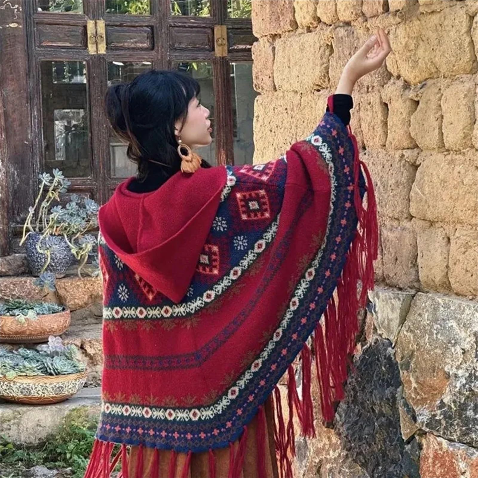 Poncho Donna Poncho Invernale da Viaggio, da Donna, Stile Boho, Vintage, Natalizio, con Cappuccio, Scialle, Maglione, Cappotto