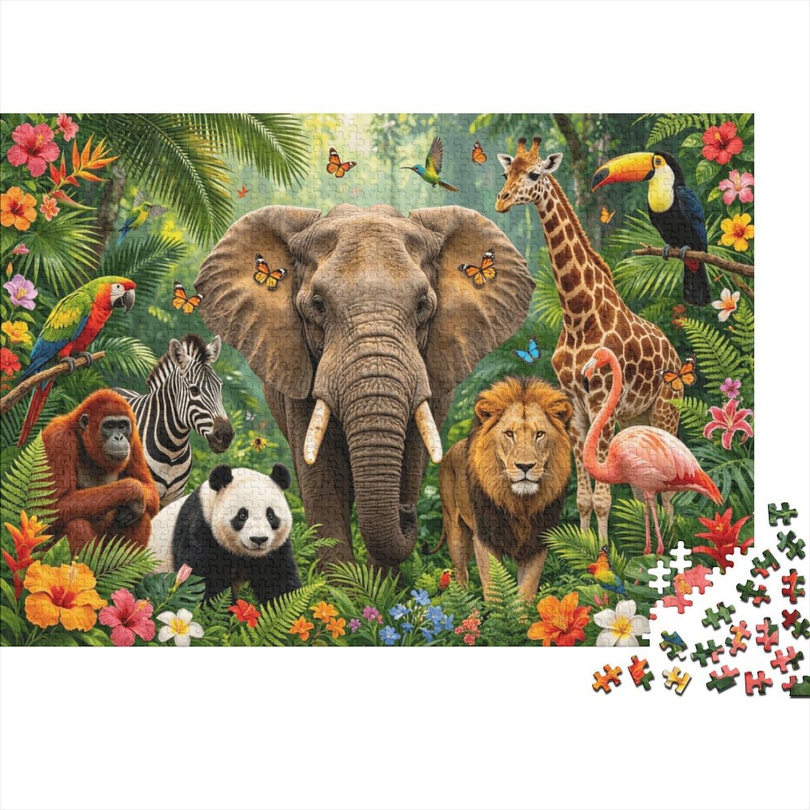 Jungle Animals Jigsaw Puzzle 1000 Pieces Recyclable Paper Wildlife Kingdom Adult Jigsaws Party Game Props Developing Boy & Girl‘s Intelligence Educational 38x26cm/1000pcs